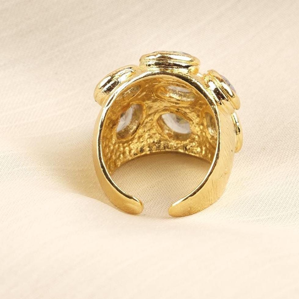 Handmade Ottoman Style Ring With Green Gemstone Cluster, Antique Looking And Vintage Style Gold Plated Ring With Regal And Artistic Details