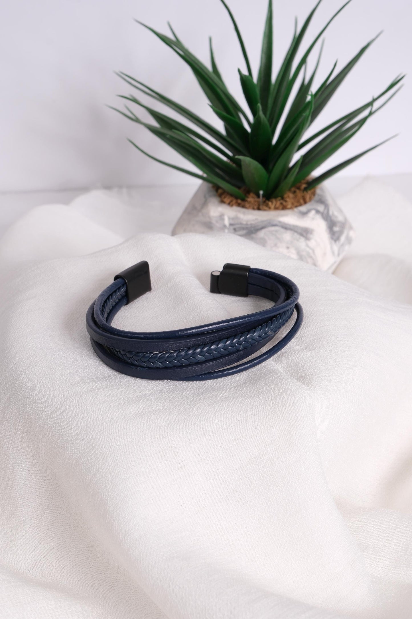 Navy Blue Men's Bracelet 22cm Genuine Leather Multi-Layer Braided Wrap Wristband with Magnetic Clasp Bold Stylish Gift for Him
