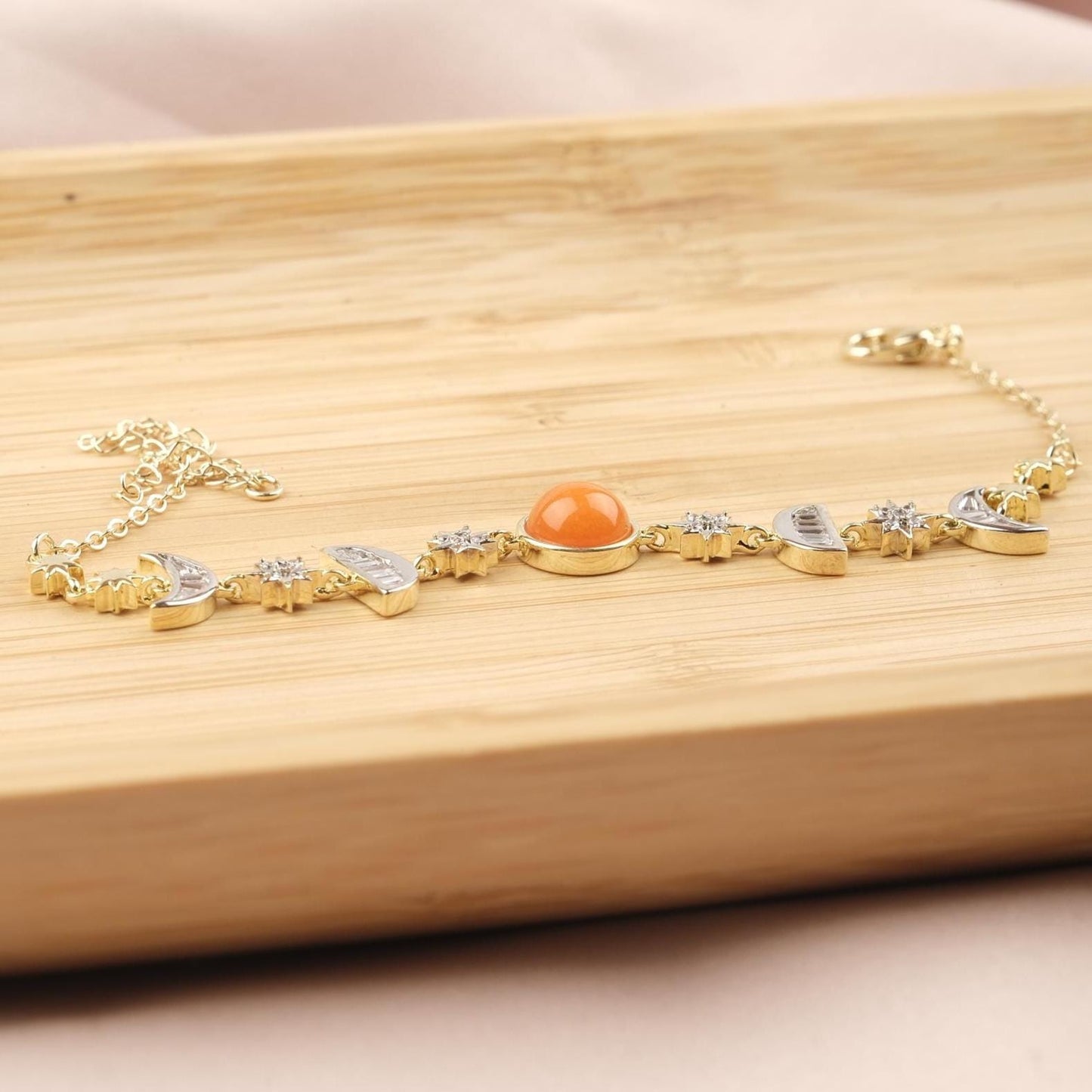 Orange Moon & Star Charm Bracelet for Women, Gold Celestial Jewelry with Vibrant Orange Accent Stone, Warm Gift for Her, 22cm / 8.66in