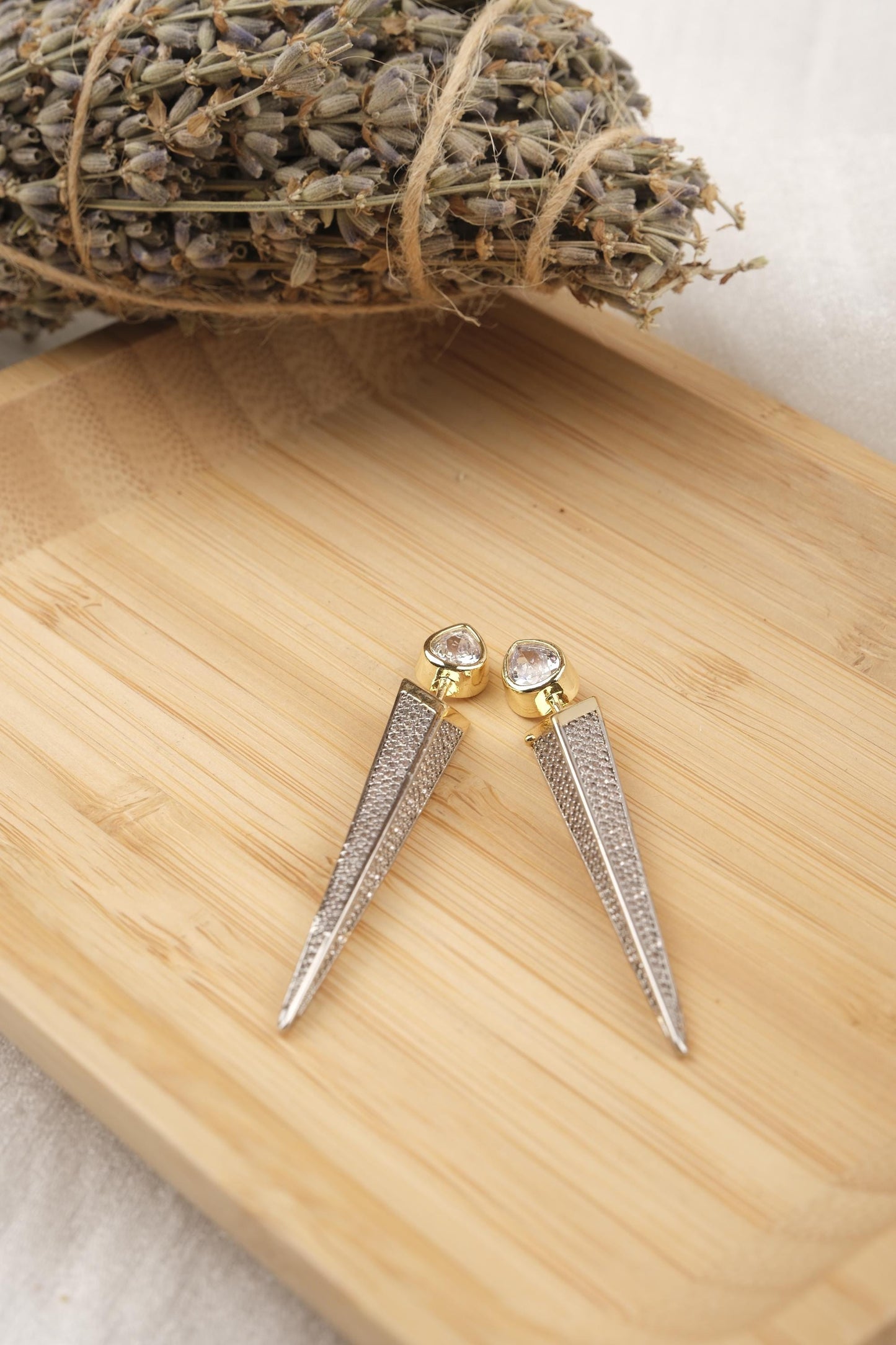 Silver Pyramid Drop Diamond Stud Earrings | Gold Plated Hypoallergenic Boho Chic Statement Lightweight Jewelry Gift for Women