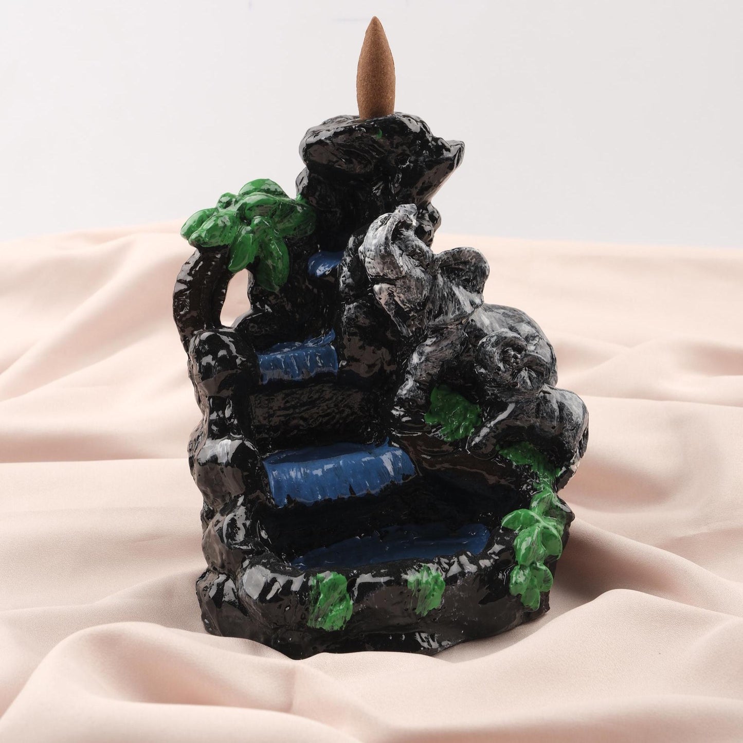 Mini Island with Elephant Waterfall Backflow Incense Burner, 17 cm / 6.7 in | Nature-Inspired Resin Smoke Fountain, Meditation Gift
