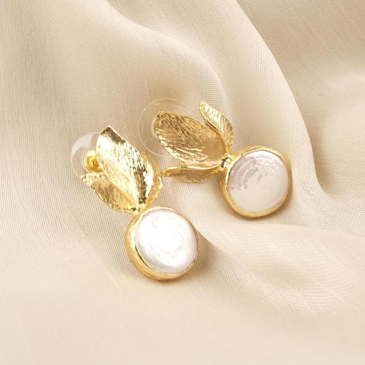 Handmade Genuine Pearl Stud Earrings, Gold Plated Leaf Design, Artistic Nature-Inspired Jewelry for Women, Elegant Lightweight Statement