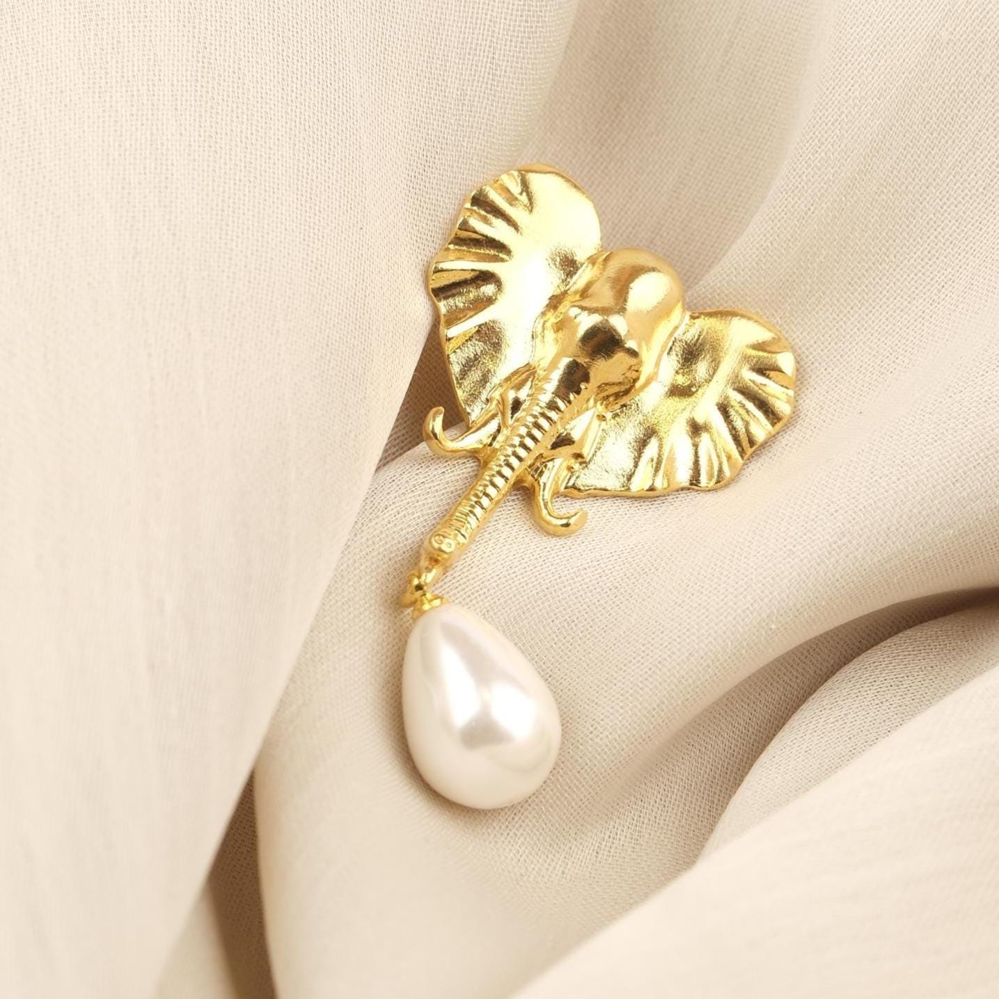 Handmade Gold Elephant Stud Earrings with Teardrop Faux Pearl, Cute Animal Design Jewelry, Playful and Elegant Antique Looking Gift Idea