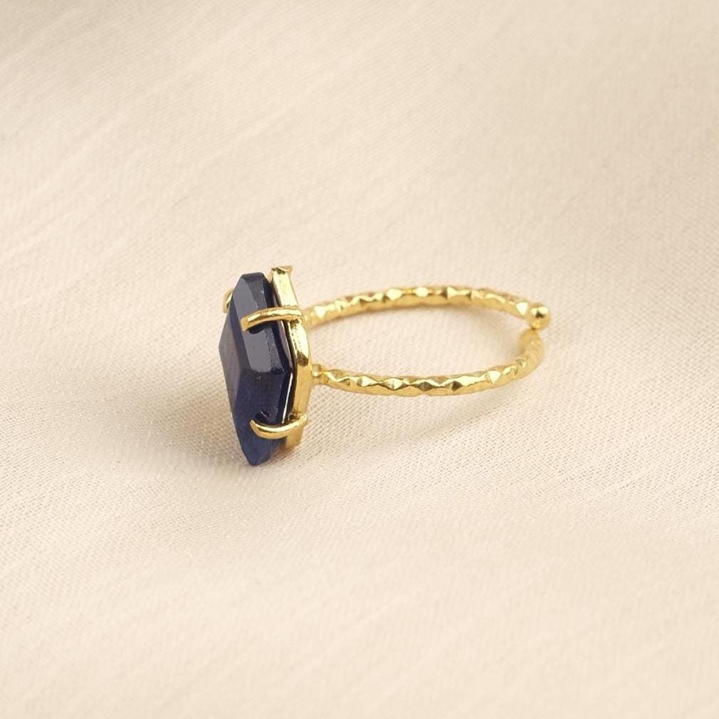 Handmade Minimalist Aquamarine Gemstone Ring, Diamond Inspired, Antique Looking And Vintage Style Gold Plated Ring With Subtle Sparkle