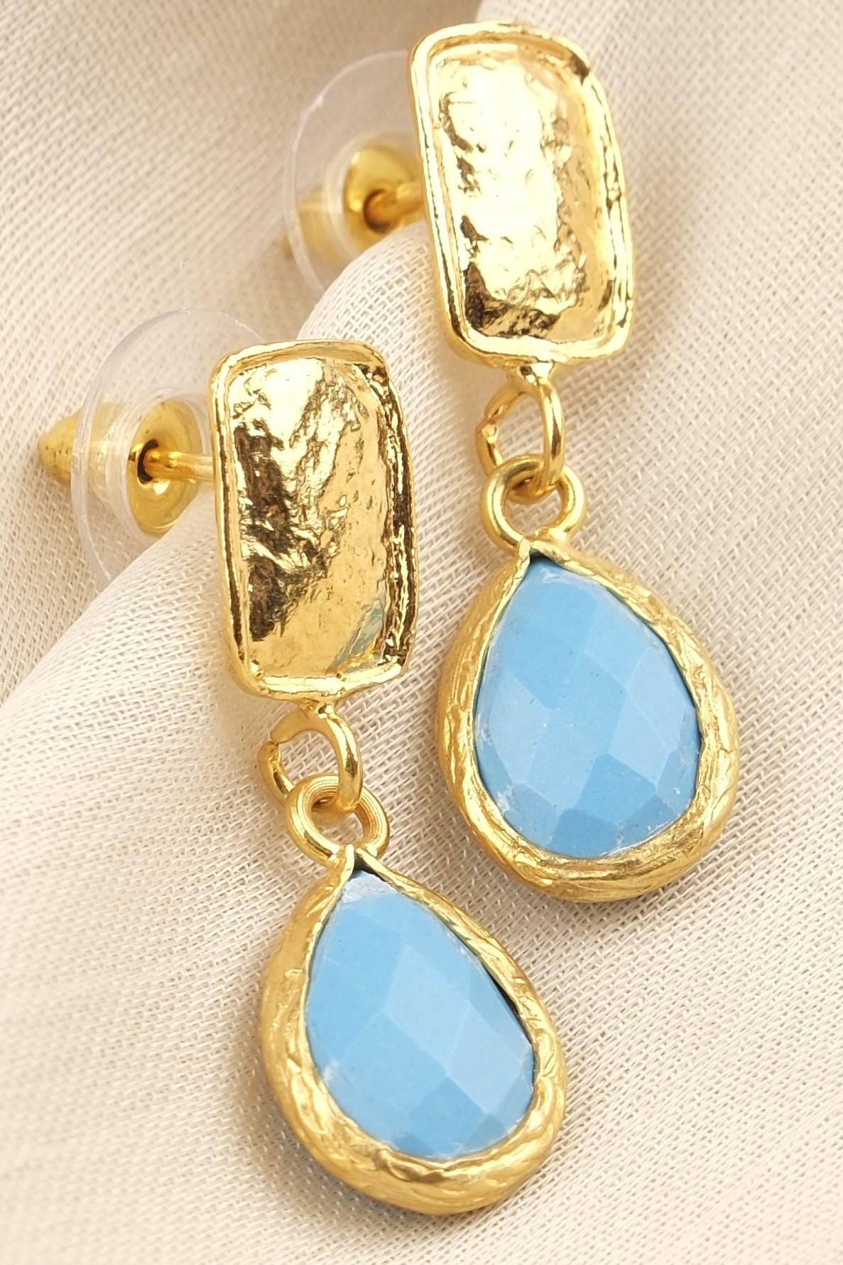 Handmade Turquoise Gemstone Stud Earrings, Elegant Teardrop Design with Faceted Blue Stone, Antique Looking Dainty Gift for Women