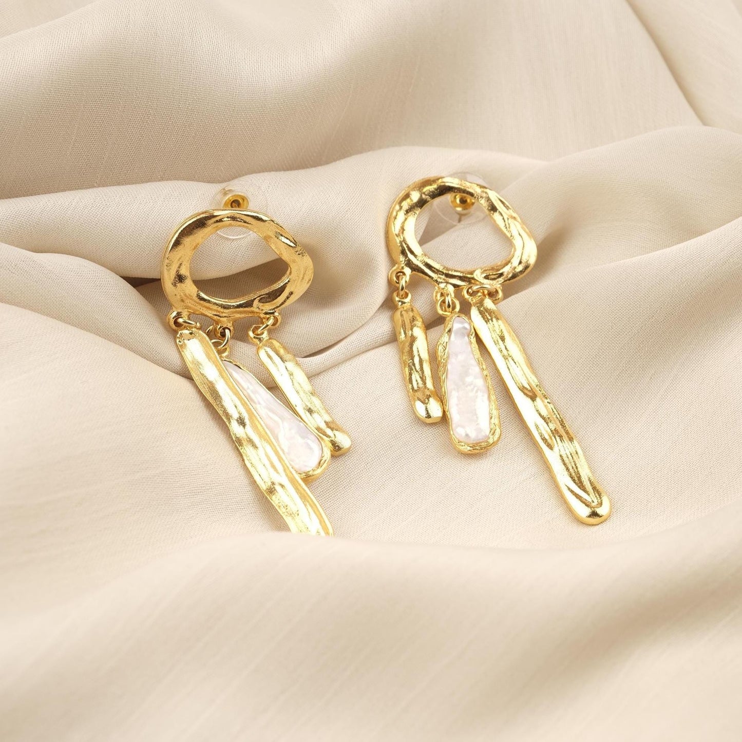 Handmade Genuine Pearl Artistic Earrings, Modern Abstract Design With Gold Plated Studs, Bold Baroque Statement Style For Unique Look Gift