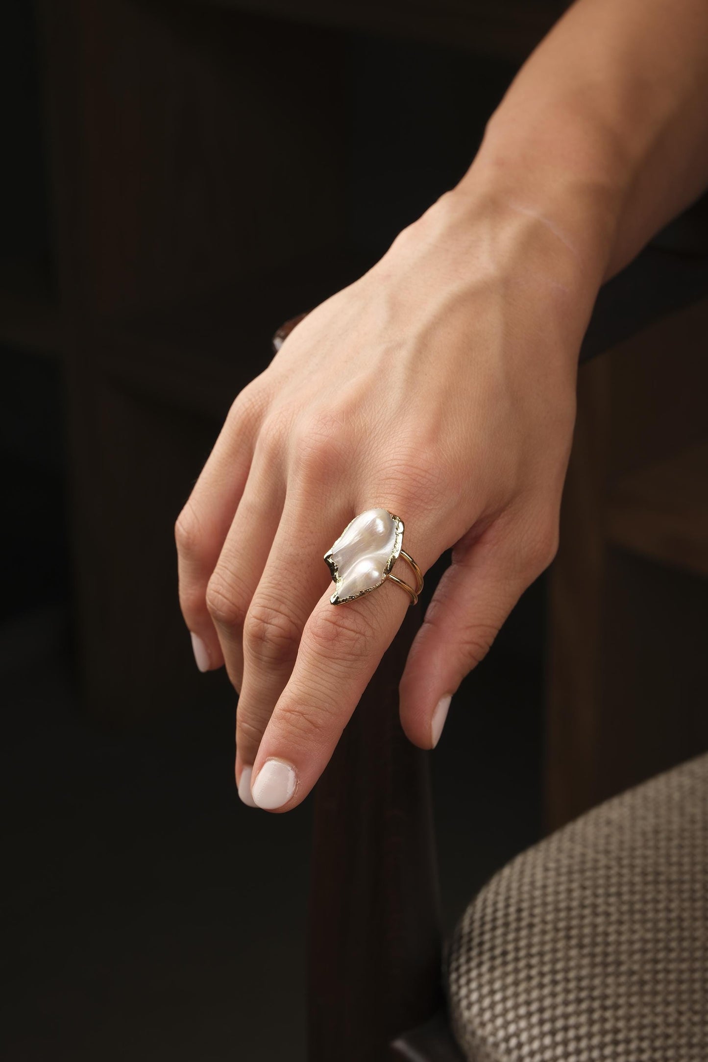 Handmade Genuine Pearl Statement, Antique Looking And Vintage Style Gold Plated Ring With Sculptural Artistic Abstract Design For Women