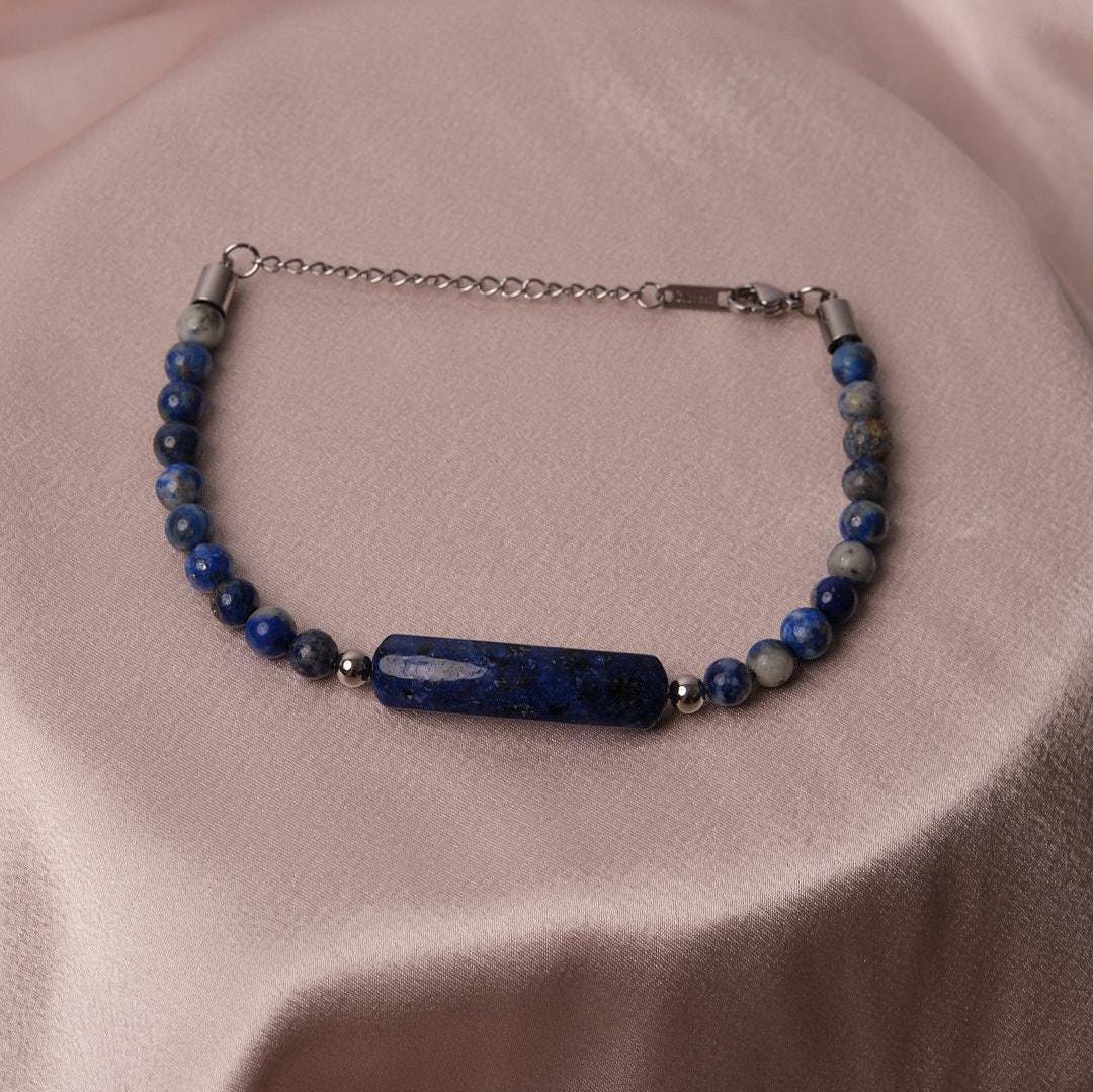 Lapis Gemstone Classic Bracelet for Men in Adjustable Silver Cord, Classy Jewelery, Gifts for Dad or Boyfriend, Lapis Bracelet for Men