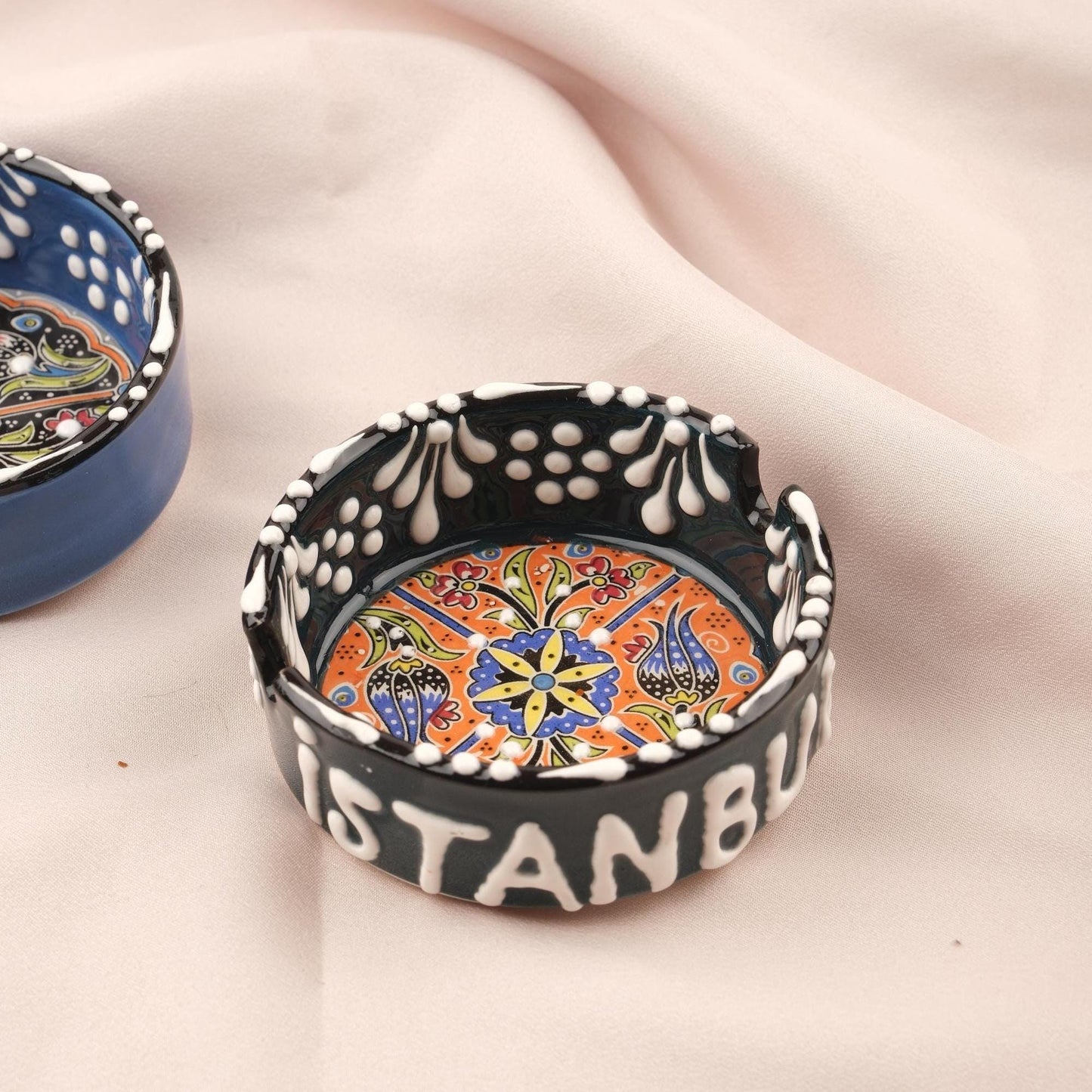 Buy1 Get1 | Handmade, Antique Looking Vintage Style Ashtray in Black & Blue with Istanbul Handwriting
