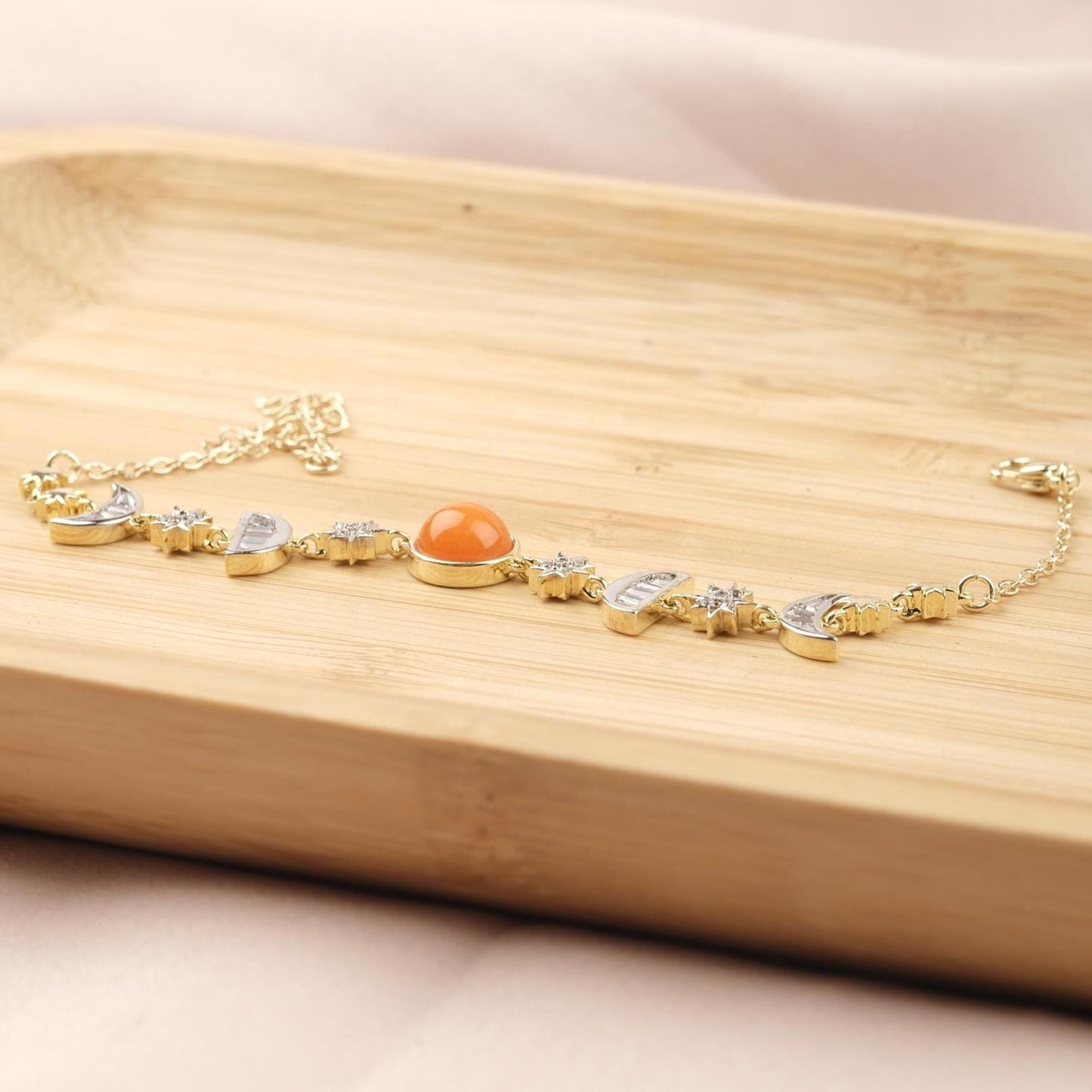 Orange Moon & Star Charm Bracelet for Women, Gold Celestial Jewelry with Vibrant Orange Accent Stone, Warm Gift for Her, 22cm / 8.66in