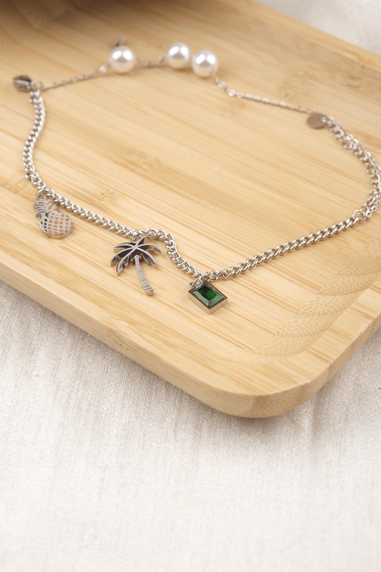 Exotic Bracelet for Summer | Pineapple, Pearl, Palm & Emerald Charm Jewelry