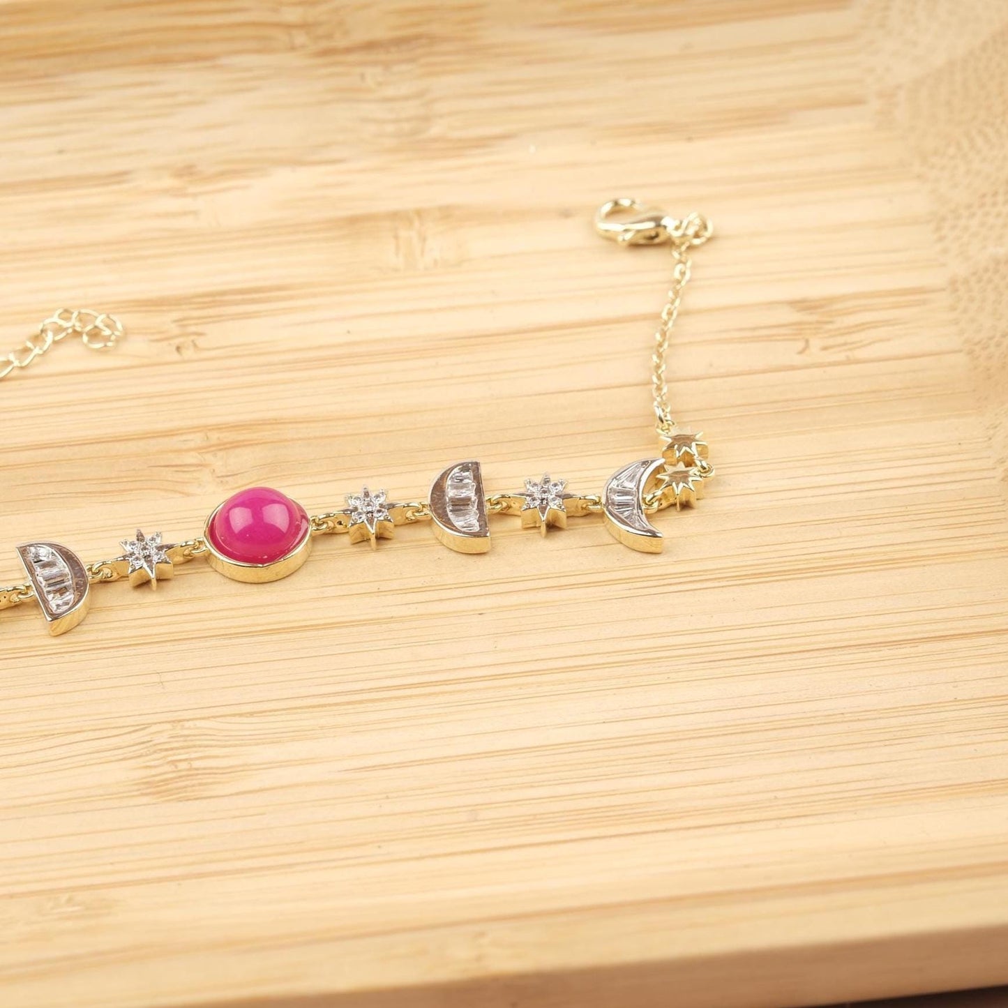 Pink Moon & Star Charm Bracelet for Women, Gold Celestial Jewelry with Soft Pink Accent Stone, Romantic Gift for Her, 22cm / 8.66in