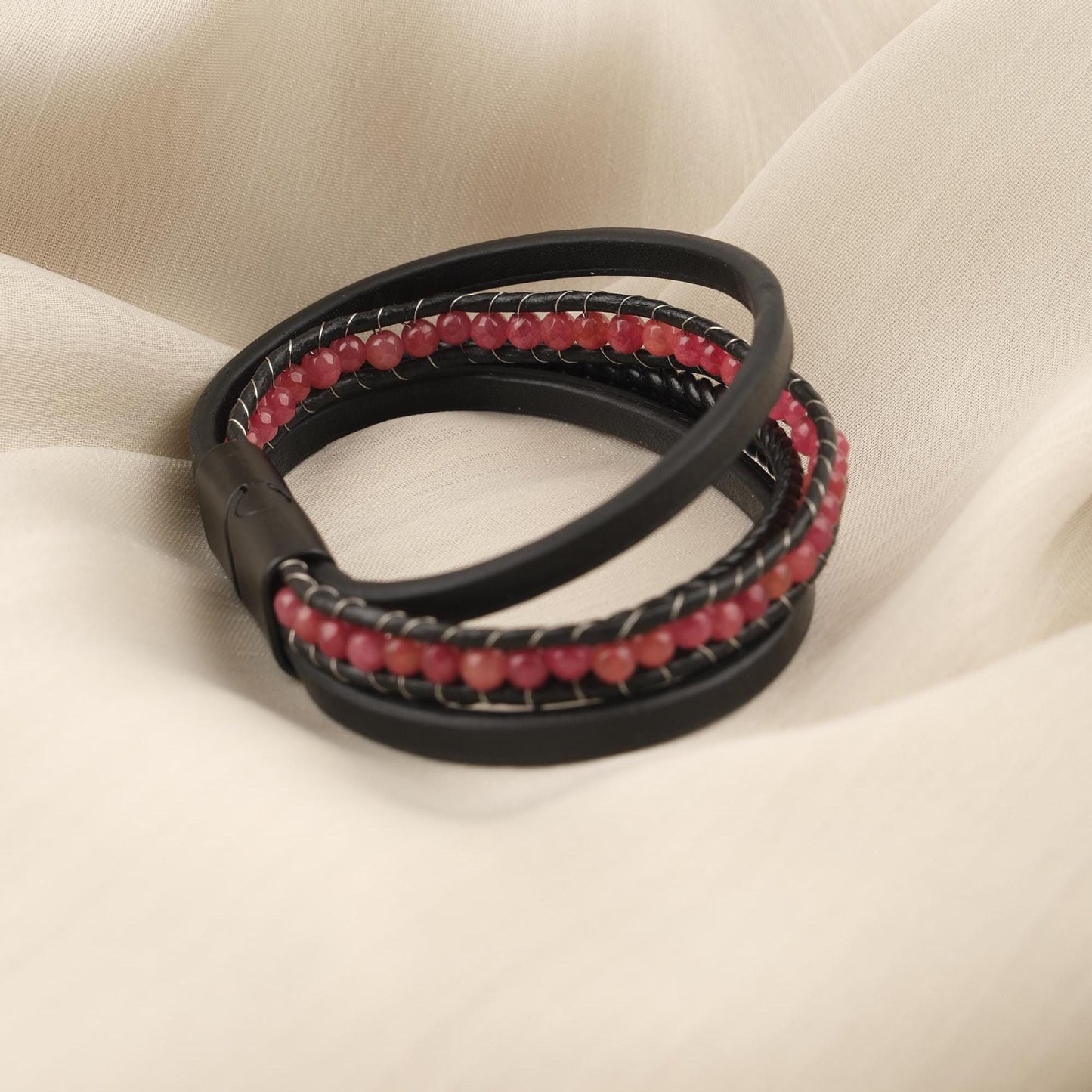 Handmade Bold Quartz and Genuine Leather Men's Bracelet, Multi-Layer Design with Titanium Lock, Statement Gemstone Jewelry | 22 cm (8.66 in)