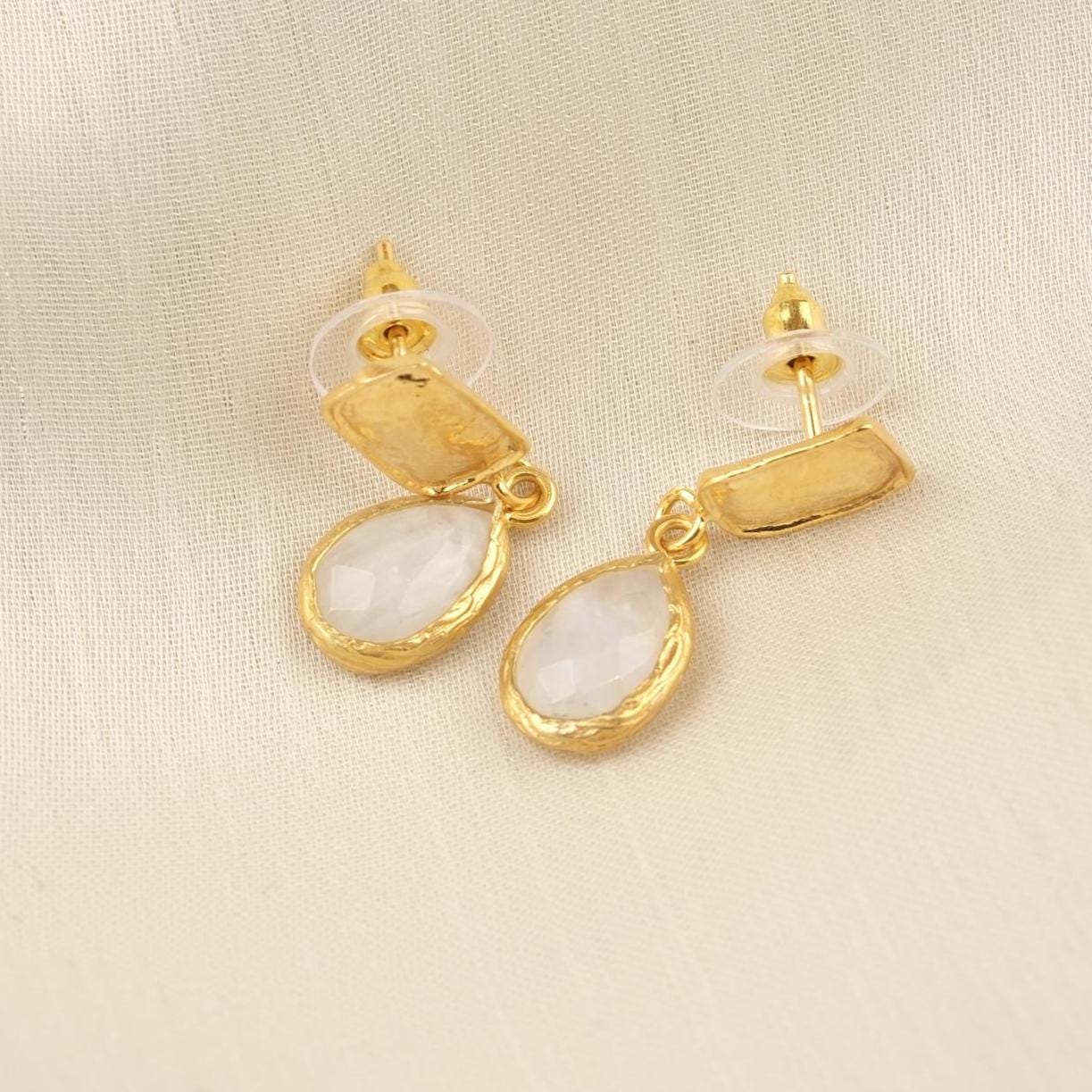 Handmade Moonstone Gold Plated Diamond Shape Stud Earrings, Minimalist Artistic Design with Drop Charm, Elegant Lightweight Jewelry Gift