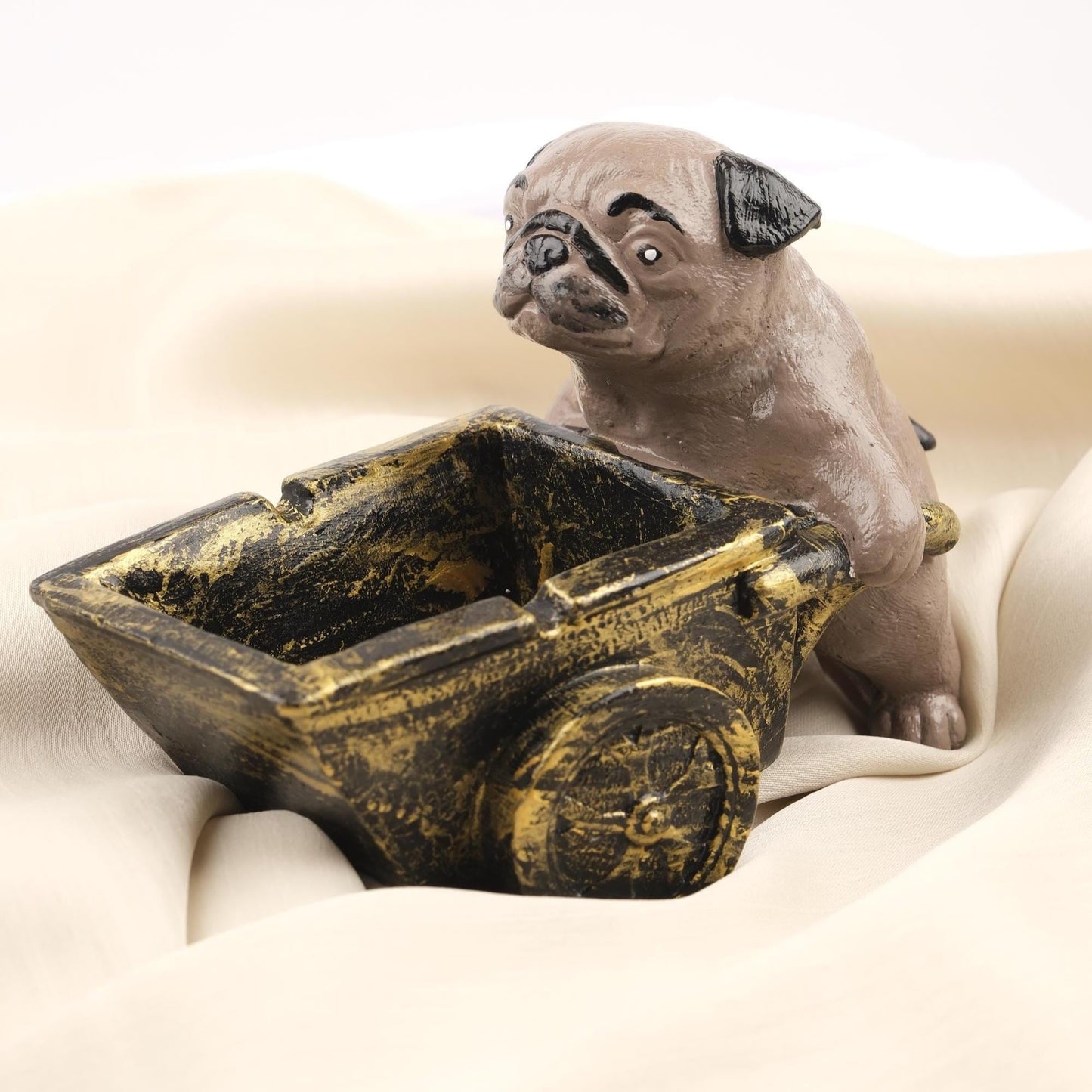 Gray Pug Dog Ashtray in Rustic Cart, Unique Animal Lover Smoking Tray, Handmade Whimsical Gift Decorative Art Piece, 16x9x12cm