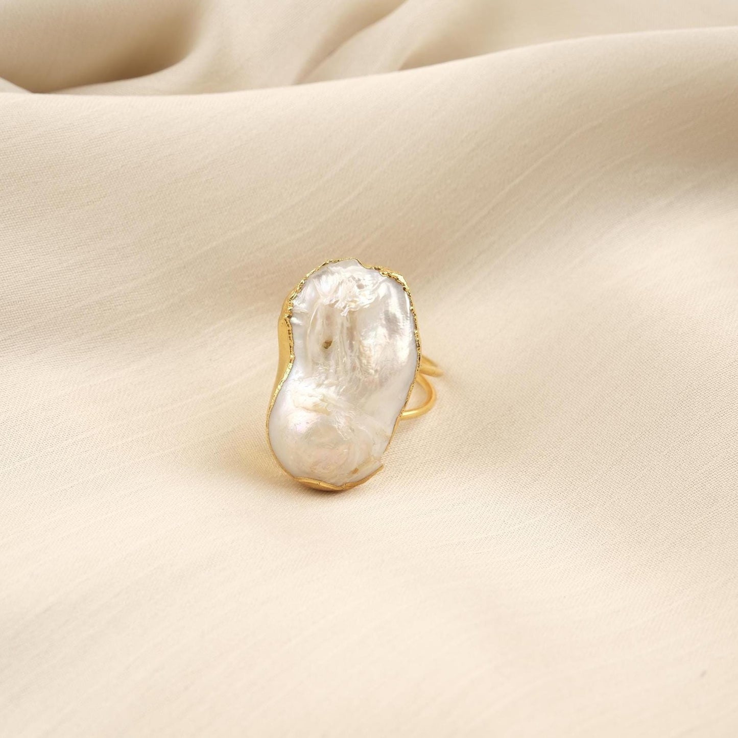 Handmade Genuine Pearl Statement, Antique Looking And Vintage Style Gold Plated Ring With Sculptural Artistic Abstract Design For Women