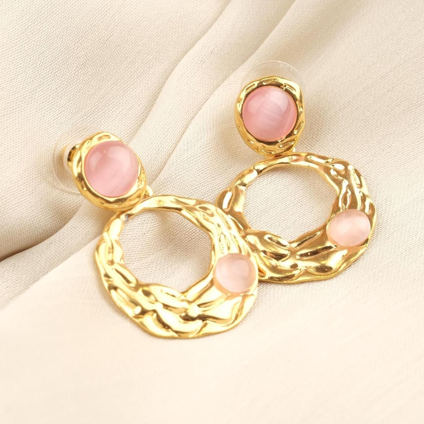 Handmade Gold Plated Stud Earrings with Rose Quartz Gemstones, Artistic Drop Design, Vintage Style Elegant Gift, Unique Statement Jewelry