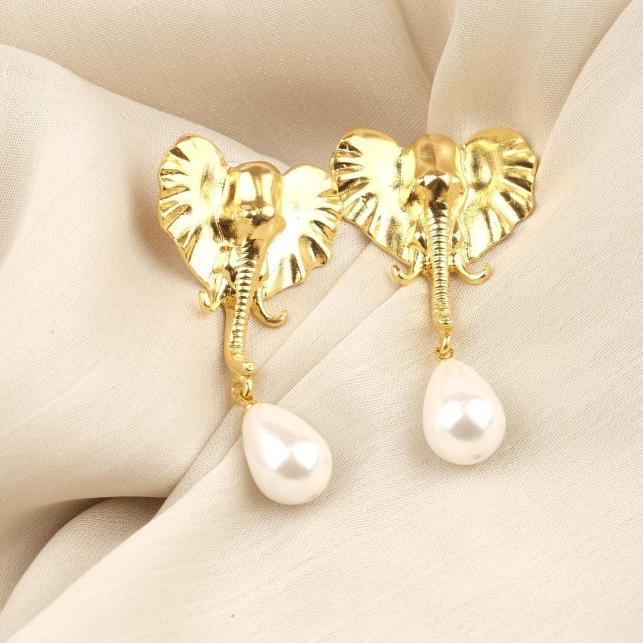 Handmade Gold Elephant Stud Earrings with Teardrop Faux Pearl, Cute Animal Design Jewelry, Playful and Elegant Antique Looking Gift Idea