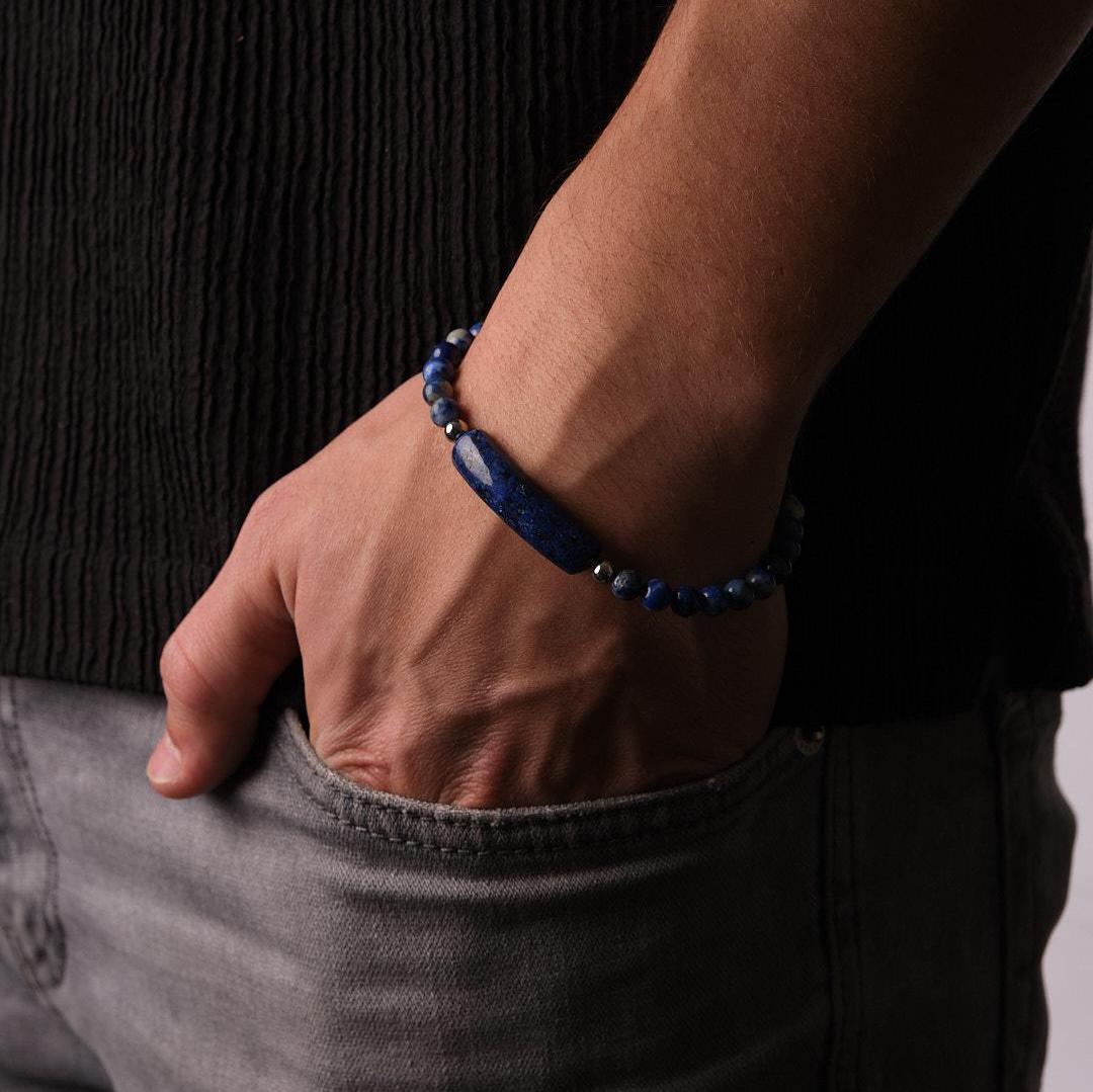 Lapis Gemstone Classic Bracelet for Men in Adjustable Silver Cord, Classy Jewelery, Gifts for Dad or Boyfriend, Lapis Bracelet for Men
