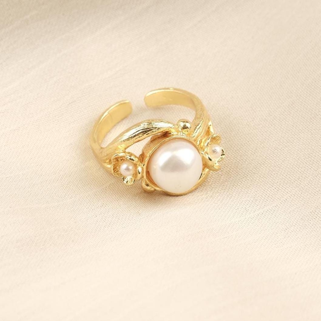 Handmade Artistic Design Ring With Faux Pearl Centerpiece, Adjustable Antique Looking And Vintage Style Gold Plated With Delicate Detailing