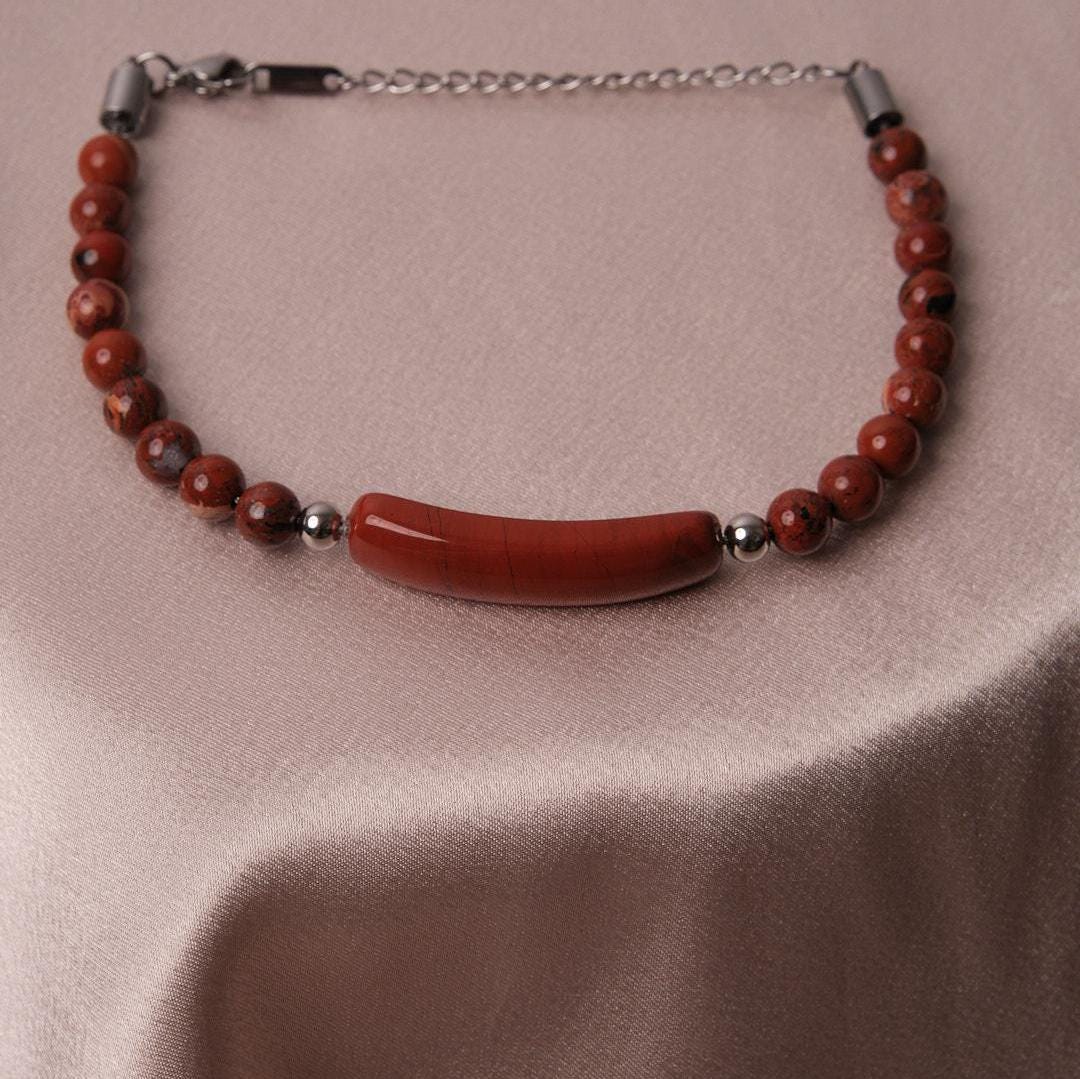 Red Classic Gemstone Bracelet with Silver Cord Stainless Steel Gift for Men, Tough and Timeless Style, Cool Masculine Jewelry Gift for Men