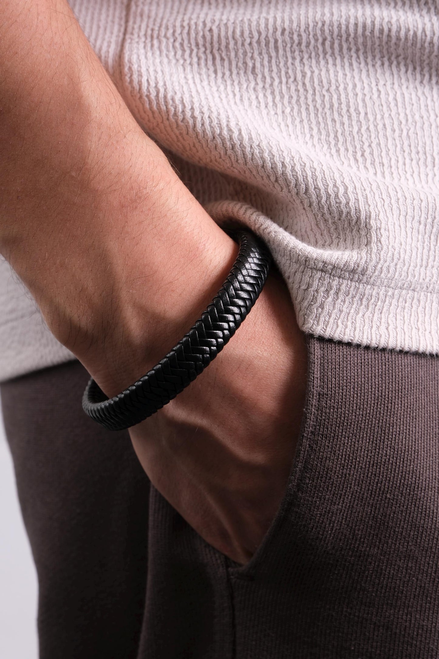 Matte Black Braided Leather Men's Bracelet 22cm, Minimalist Genuine Leather Wristband with Magnetic Clasp | Bold Modern Gift for Him