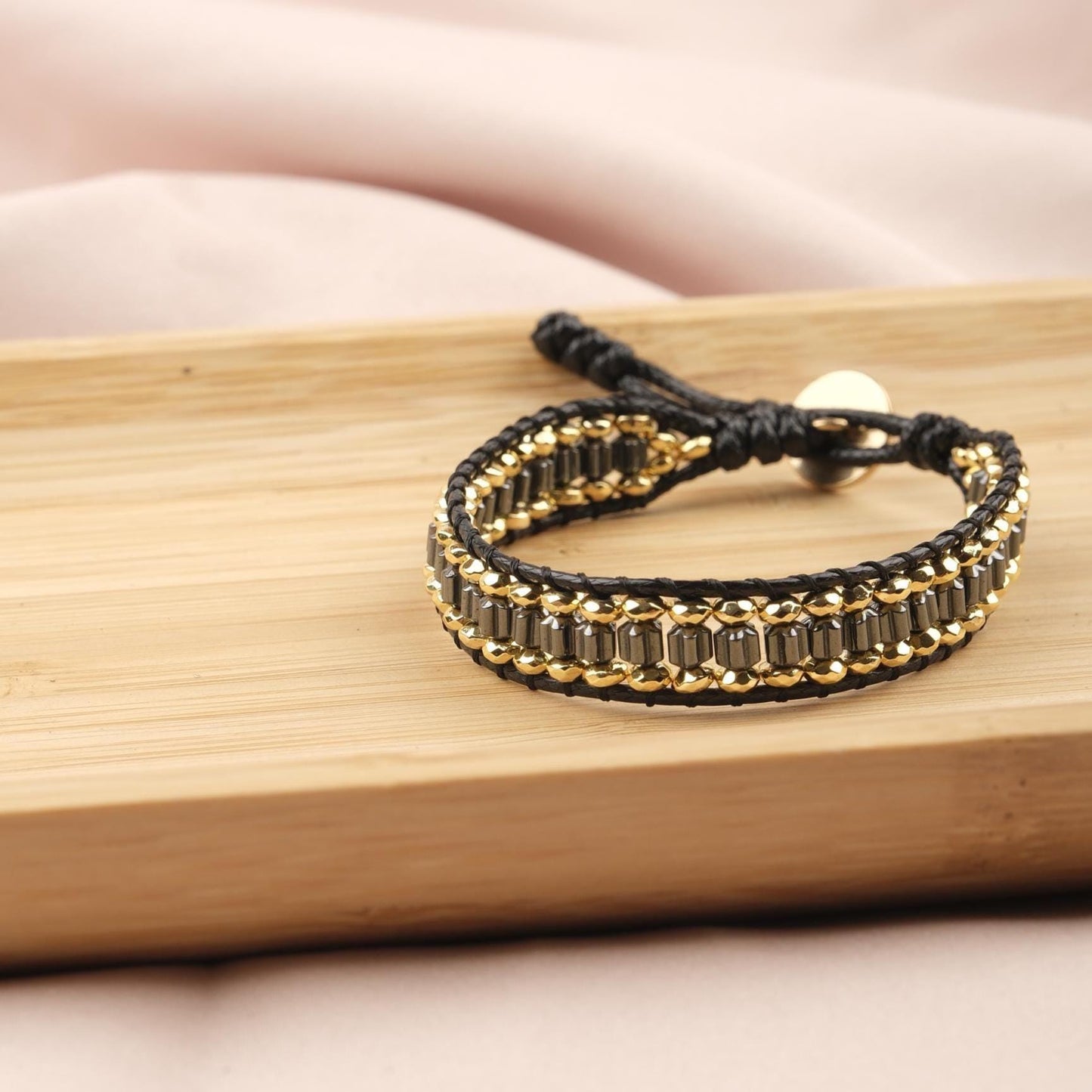 Luxury Stone of Power, Hematite & Gold Beaded Leather Bracelet for Men, Crystal Wristband Gift, Elegant Masculine Jewelry, 21cm / 8.26in