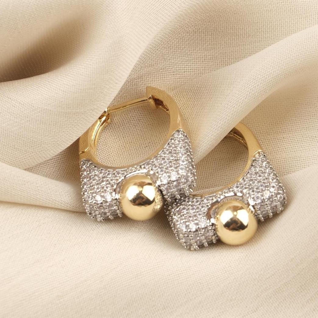 Gold Plated Silver Stud Earrings with Mini Diamond Detailing, Classic Hoop Design, Art Deco Style, Luxury Look, Hypoallergenic and Timeless