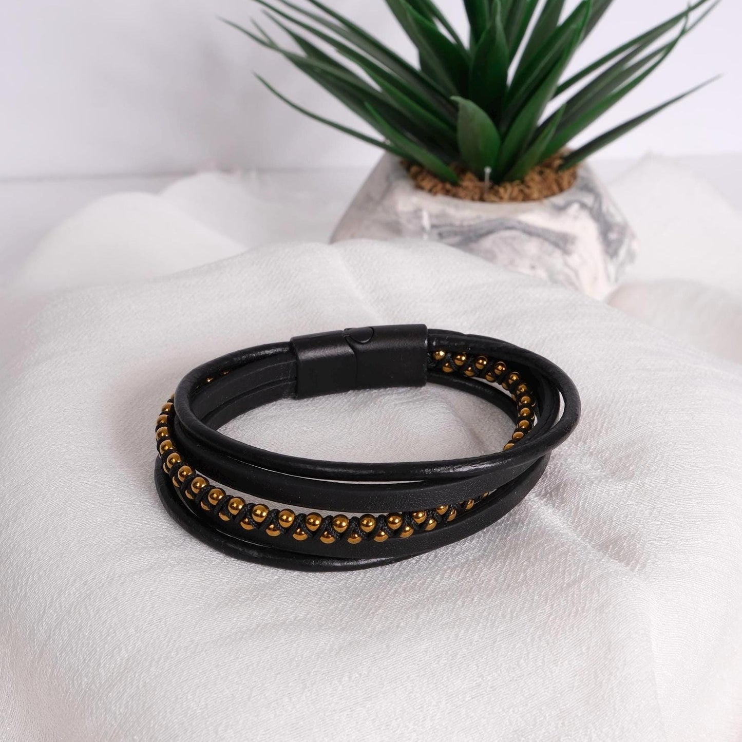 Black Genuine Leather Bracelet for Men with Gold Beads, Statement Jewelry Gift for Him