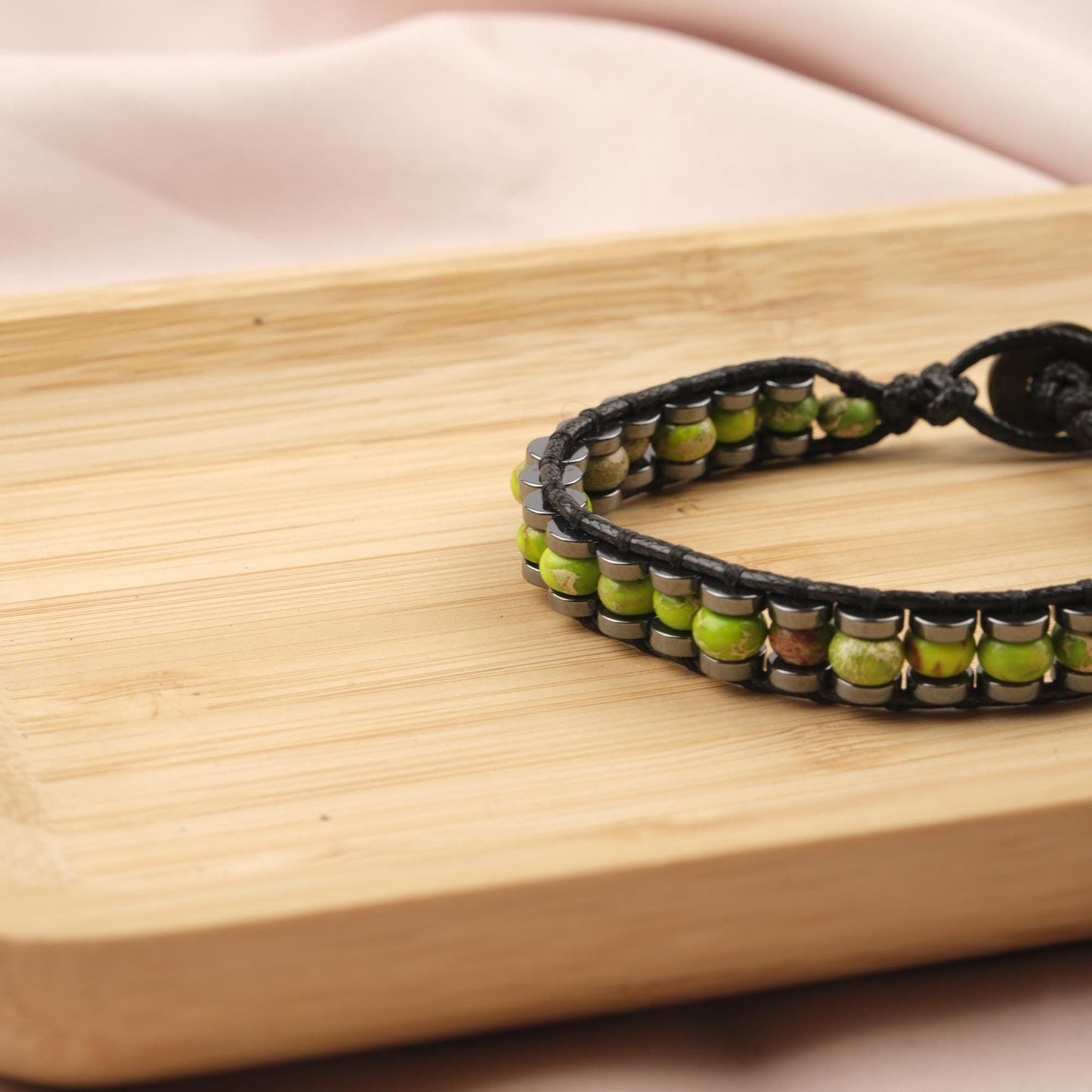 Stone of Vitality, Green Jasper & Hematite Leather Bracelet for Men, Bold Crystal Wristband Gift, Rugged Earthy Style, 21cm / 8.26in
