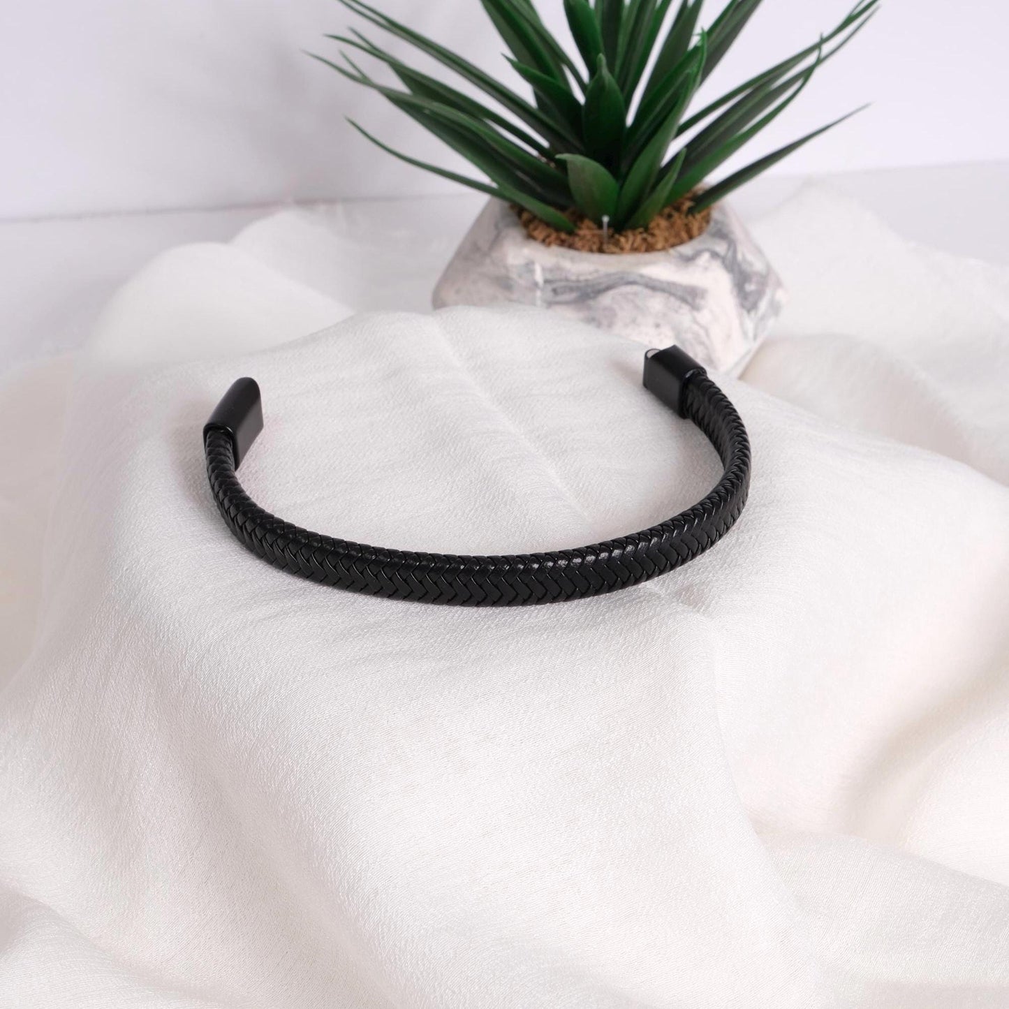 Matte Black Braided Leather Men's Bracelet 22cm, Minimalist Genuine Leather Wristband with Magnetic Clasp | Bold Modern Gift for Him
