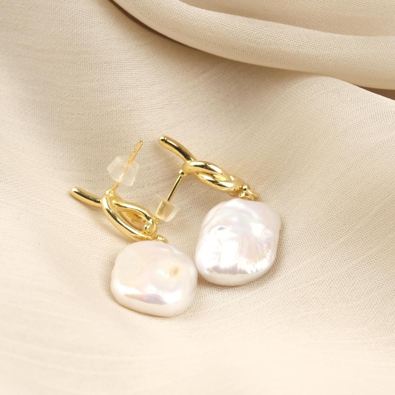 Handmade Genuine Pearl Tie Style Studs, Gold Plated Twisted Detail Earrings, Elegant Minimalist Jewelry For Women, Modern Freshwater Charm
