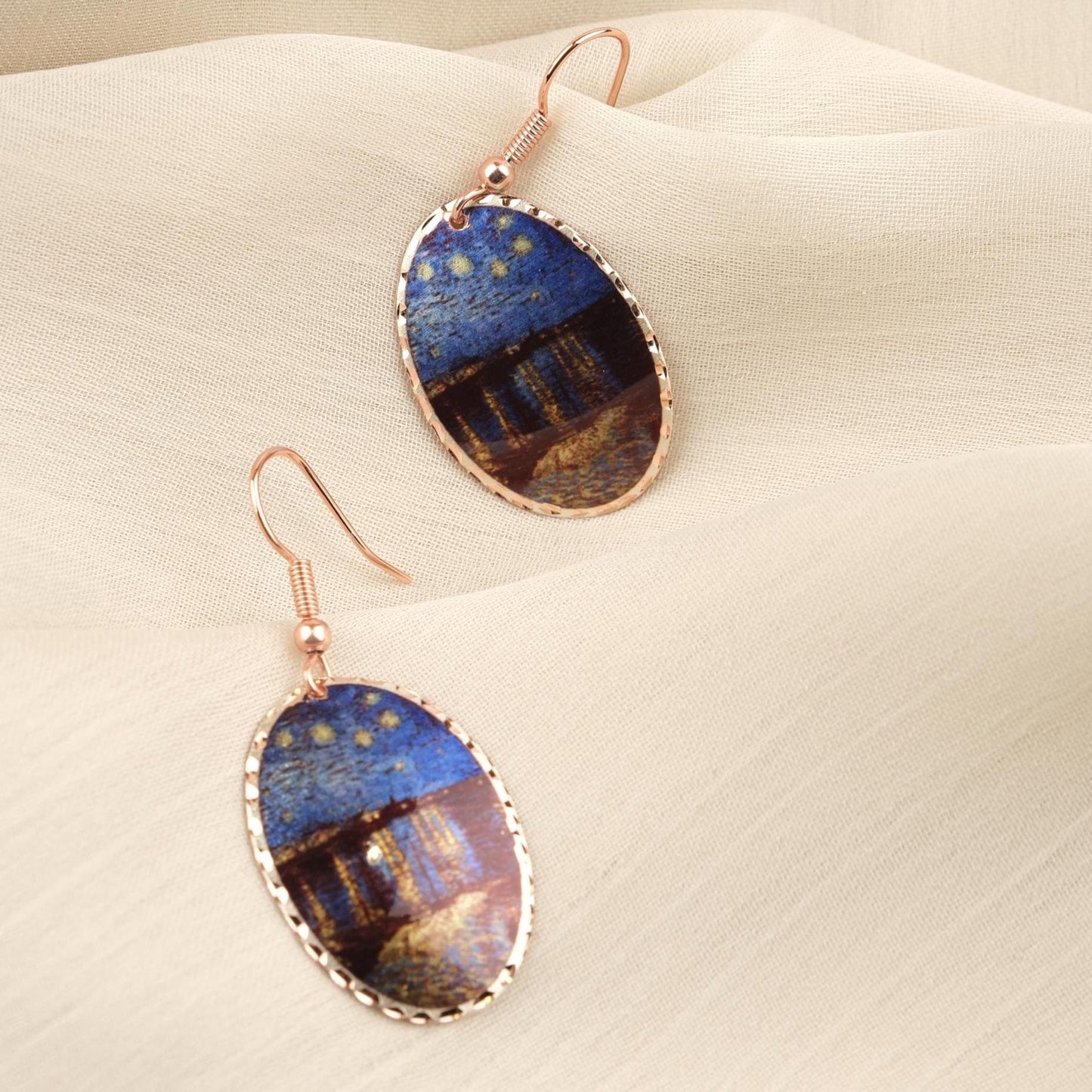 Vincent van Gogh “Starry Night Over the Rhône” Dangle Earrings in Pure Copper, Artistic Design, Handmade Vintage Style, Antique Looking Gift