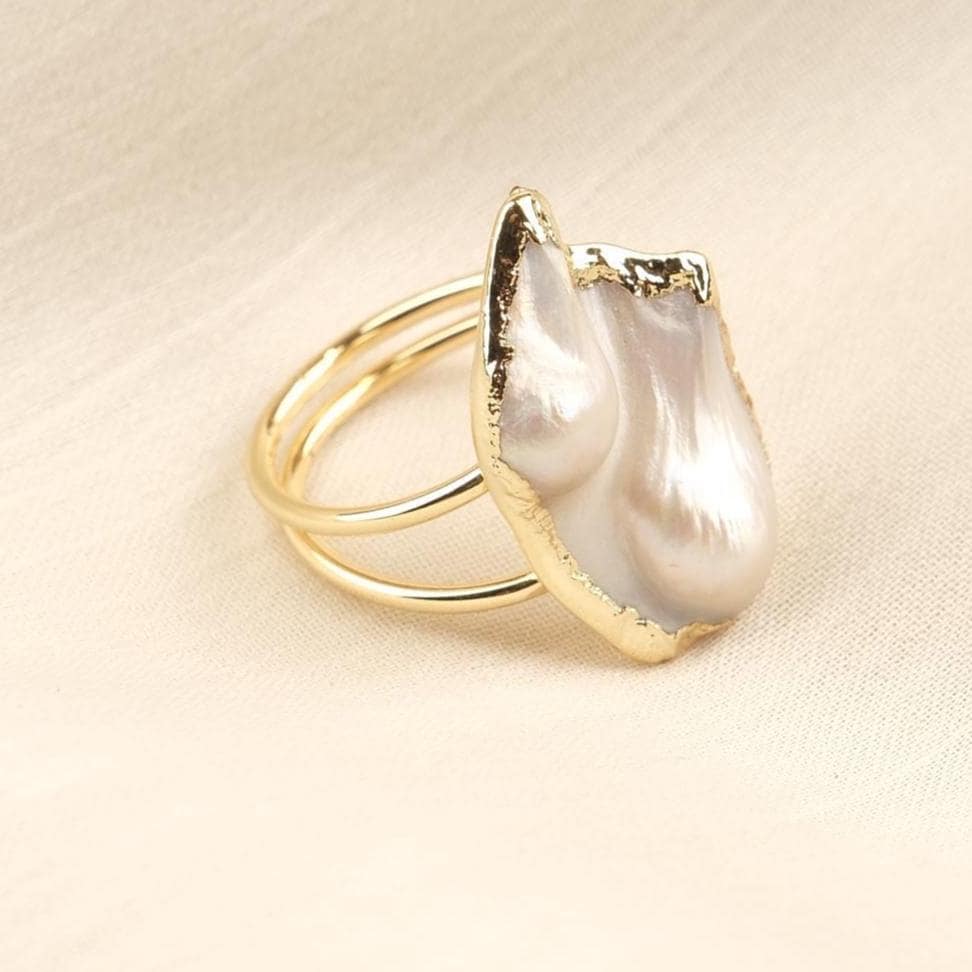 Handmade Genuine Pearl Statement, Antique Looking And Vintage Style Gold Plated Ring With Sculptural Artistic Abstract Design For Women