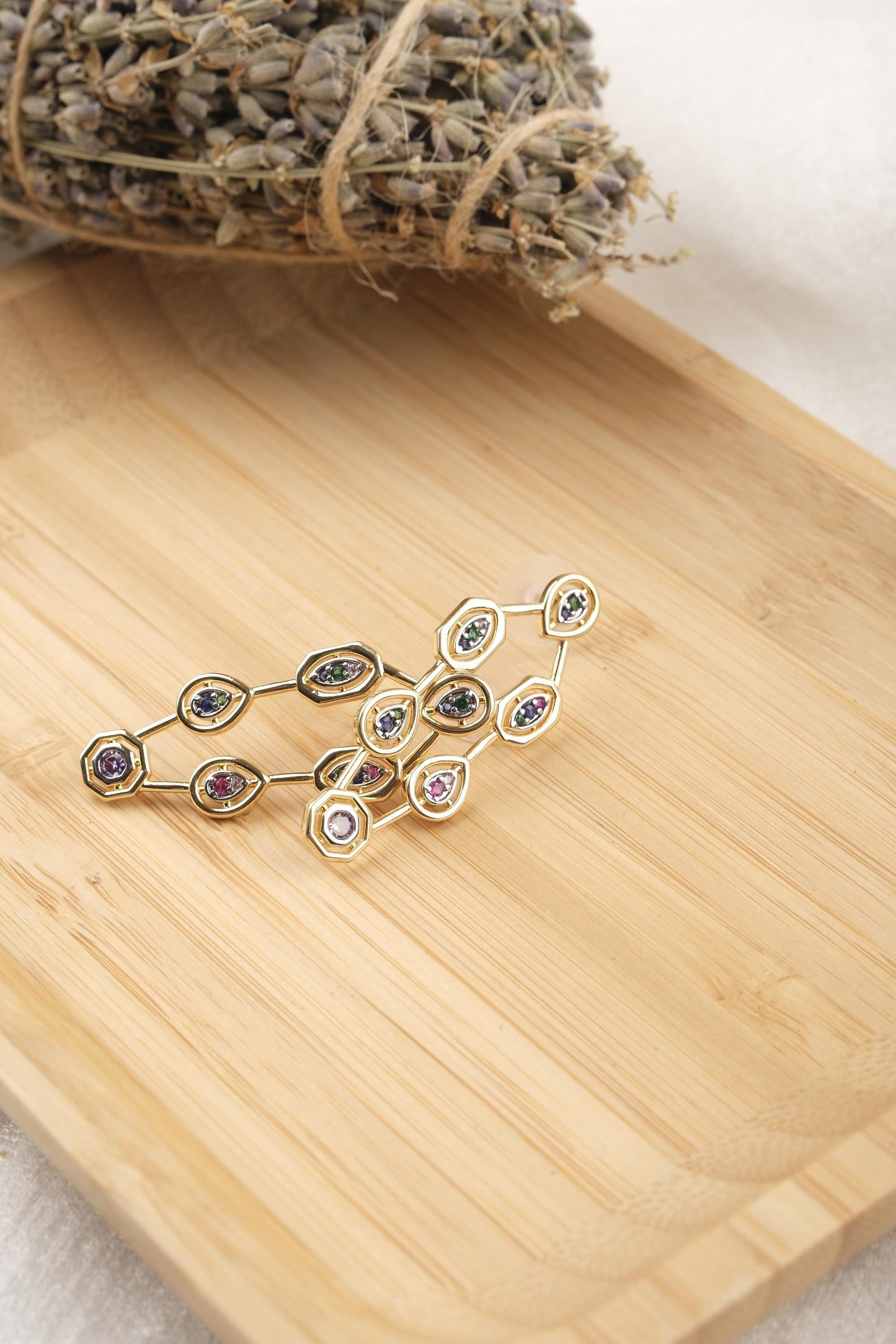 Colorful Baguette Hoop Earrings For Women, Multi Stone Gold Plated Drop Earrings, Vibrant Bold Statement Jewelry Gift Idea