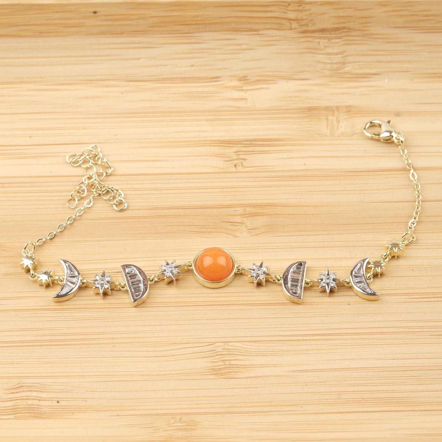 Orange Moon & Star Charm Bracelet for Women, Gold Celestial Jewelry with Vibrant Orange Accent Stone, Warm Gift for Her, 22cm / 8.66in