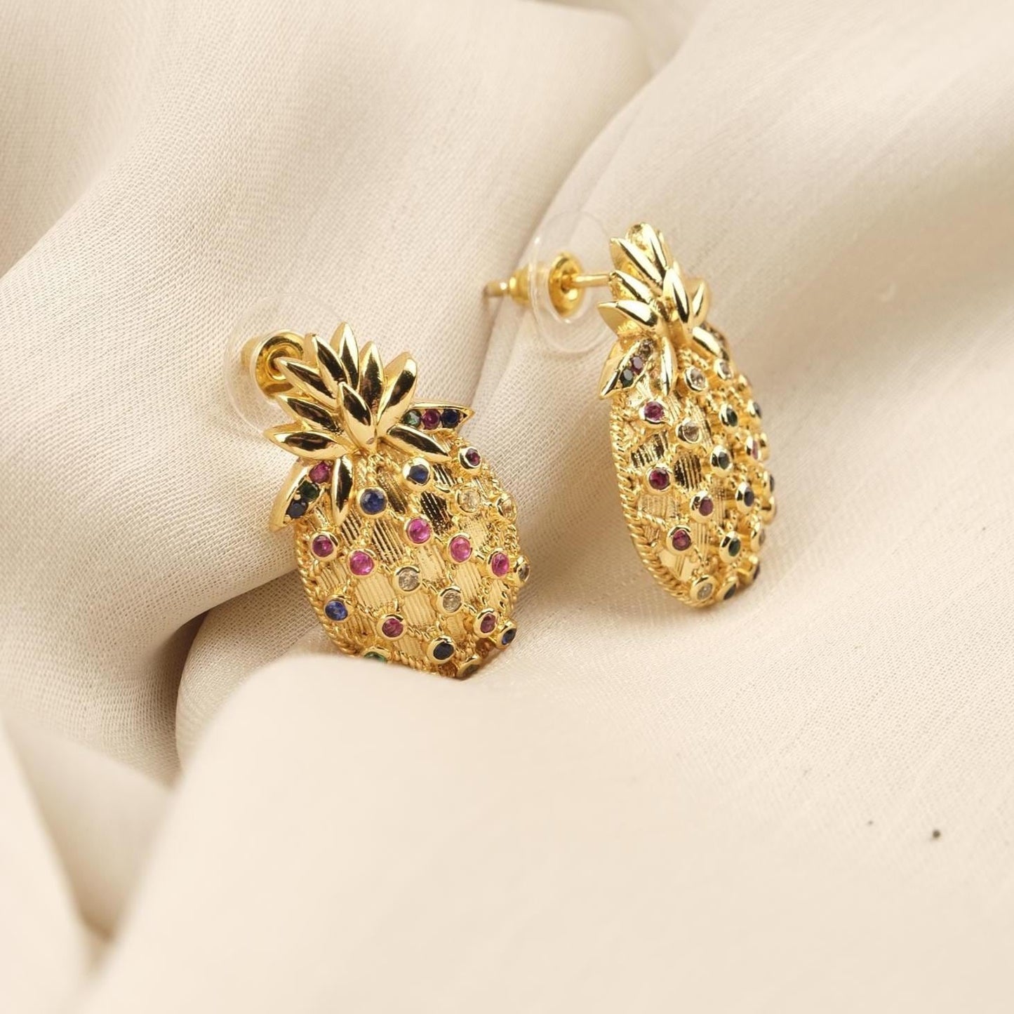 Handmade Gold Plated Pineapple Stud Earrings, Sparkling Diamond Detail Fruit Jewelry, Playful Tropical Design, Unique Fun Statement Style