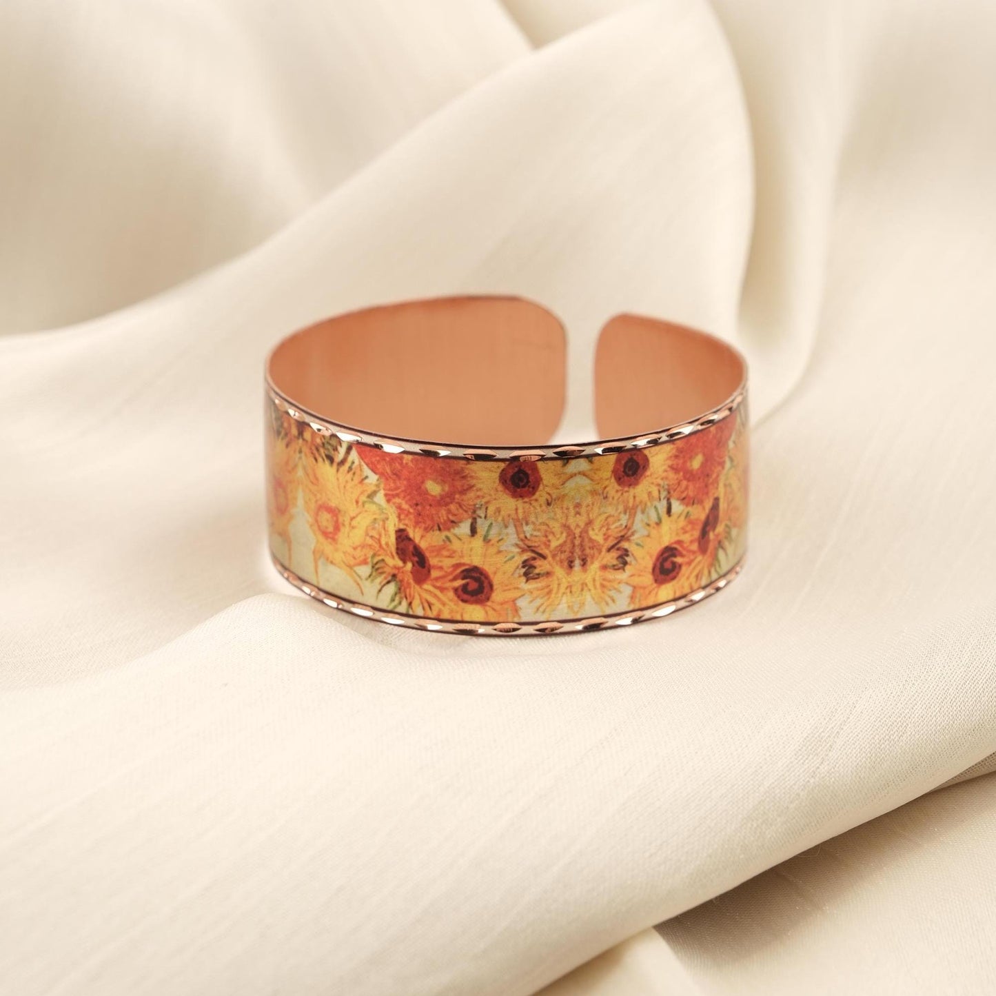 Vincent Van Gogh "Vase with Fifteen Sunflowers" Bracelet in Pure Copper, Handmade Adjustable Bangles | Antique Looking Vintage Style Gift