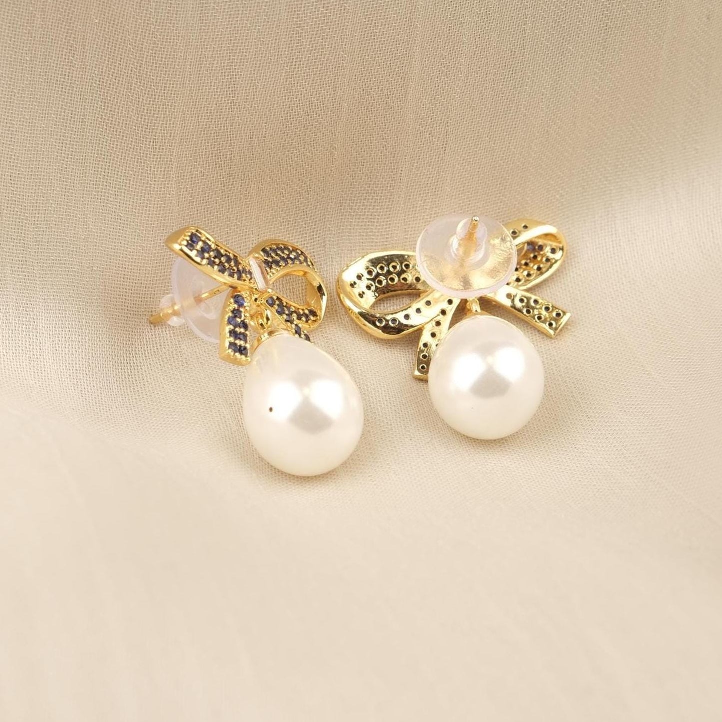 Handmade Gold Plated Bow Tie Stud Earrings, Elegant Drop Design with Faux Pearl, Chic and Feminine Retro Look, Unique Gift for Women Gift