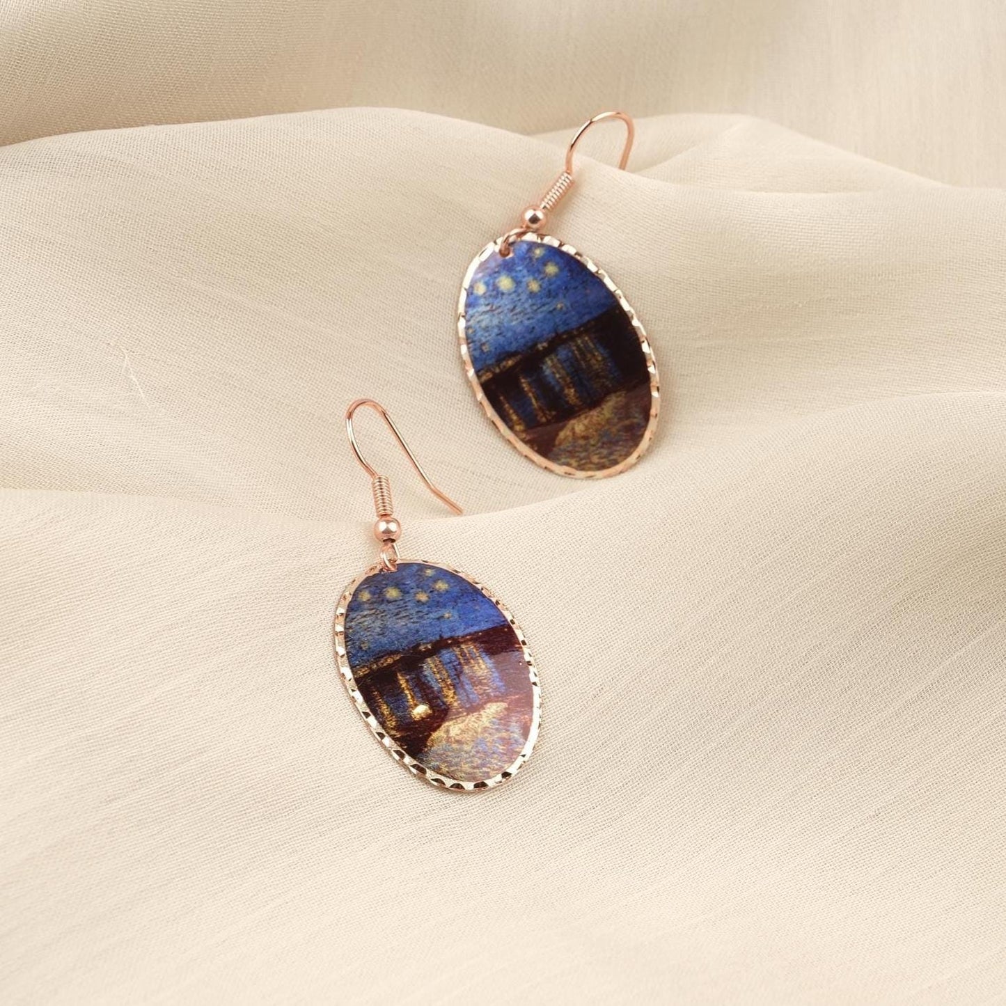 Vincent van Gogh “Starry Night Over the Rhône” Dangle Earrings in Pure Copper, Artistic Design, Handmade Vintage Style, Antique Looking Gift