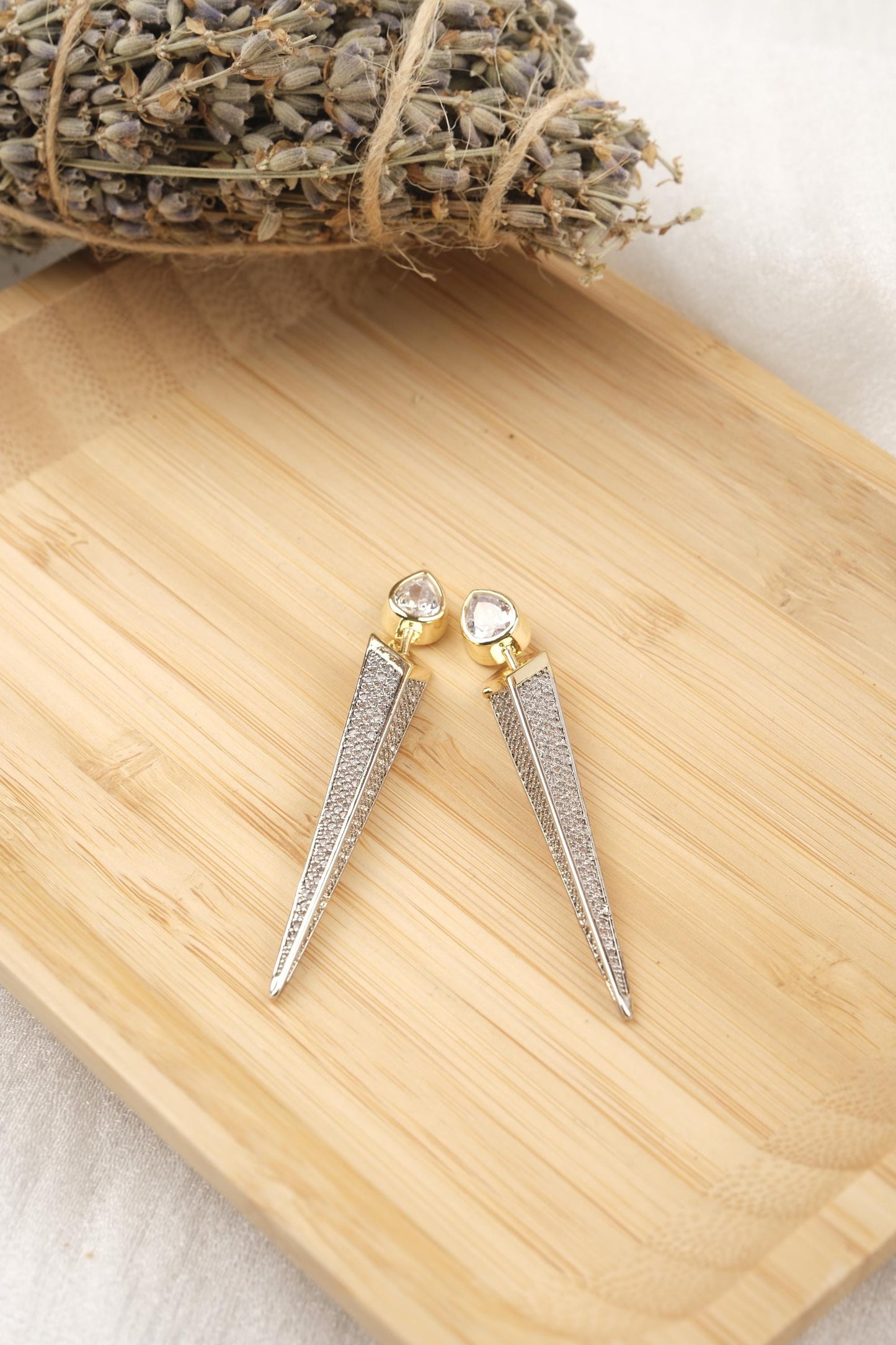 Silver Pyramid Drop Diamond Stud Earrings | Gold Plated Hypoallergenic Boho Chic Statement Lightweight Jewelry Gift for Women