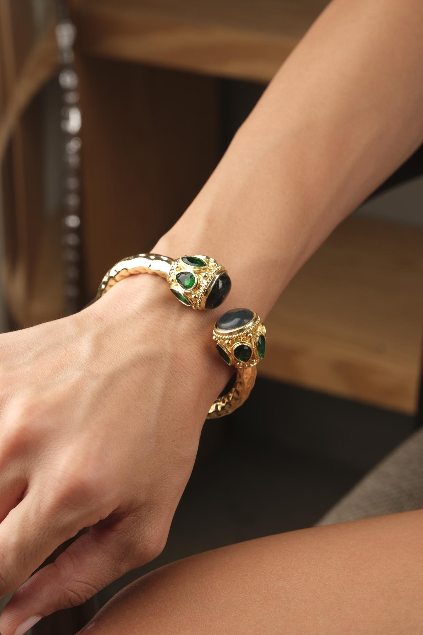 Stone of Leadership & Protection Handmade Historical Malachite Bangle, Antique Looking and Vintage Style Gold Plated Statement Bracelet Gift