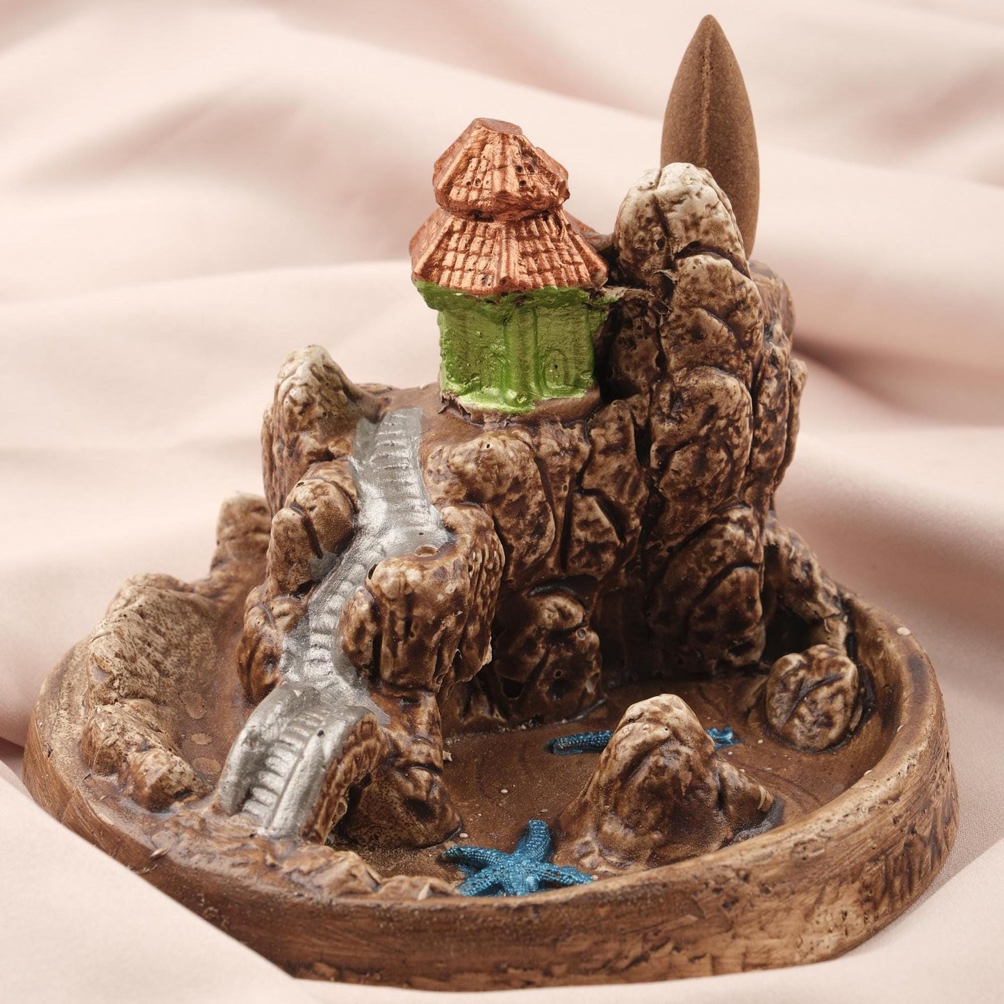 Castle & Beach Backflow Incense Burner in Unique Style , Yoga Lovers' Accessories, Backflow Incense Holder with Starfish and River