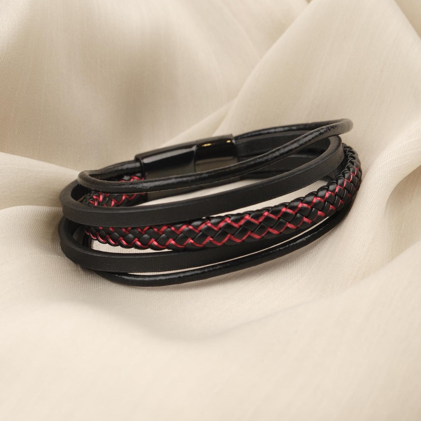 Black Leather Titanium Lock Men's Bracelet – 22cm Bold Design with Red Stitching and Gold Accent