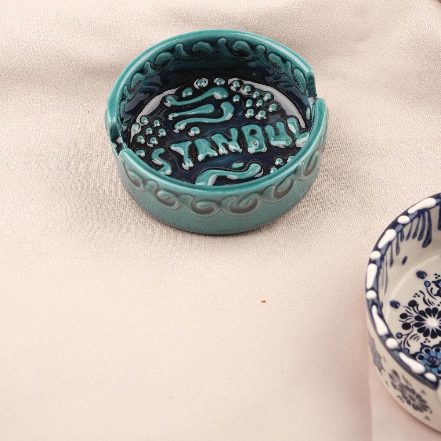 BUY 1 GET 1 Autumn Horizon – Gray & Blue Mandala Ashtray Set of 2, Handmade Anatolian Ceramic, Rustic Boho Decor