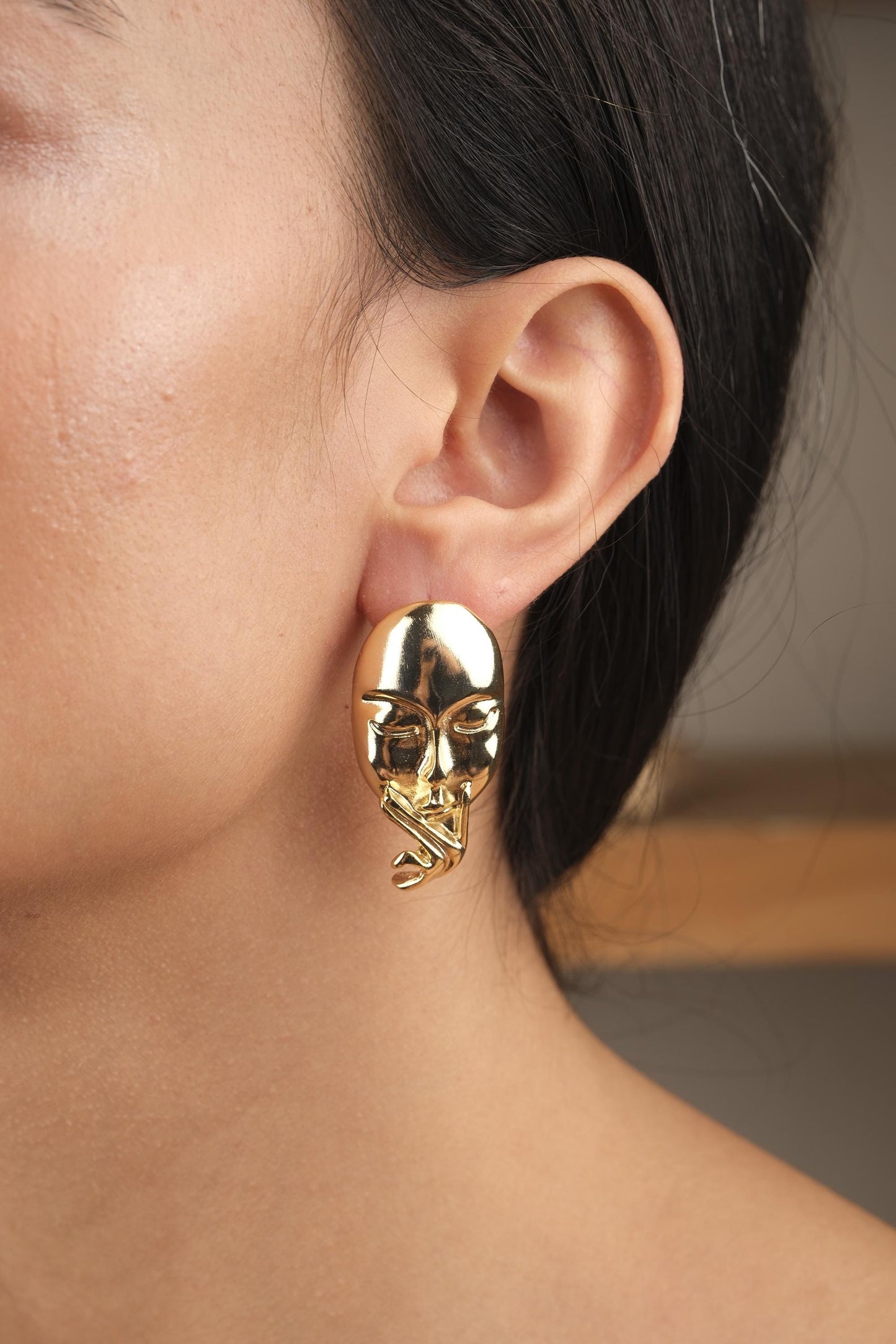 Handmade Artistic Woman Face Stud Earrings, Gold Plated Abstract Design, Statement Feminine Jewelry, Unique Gift with Vintage Style Flair