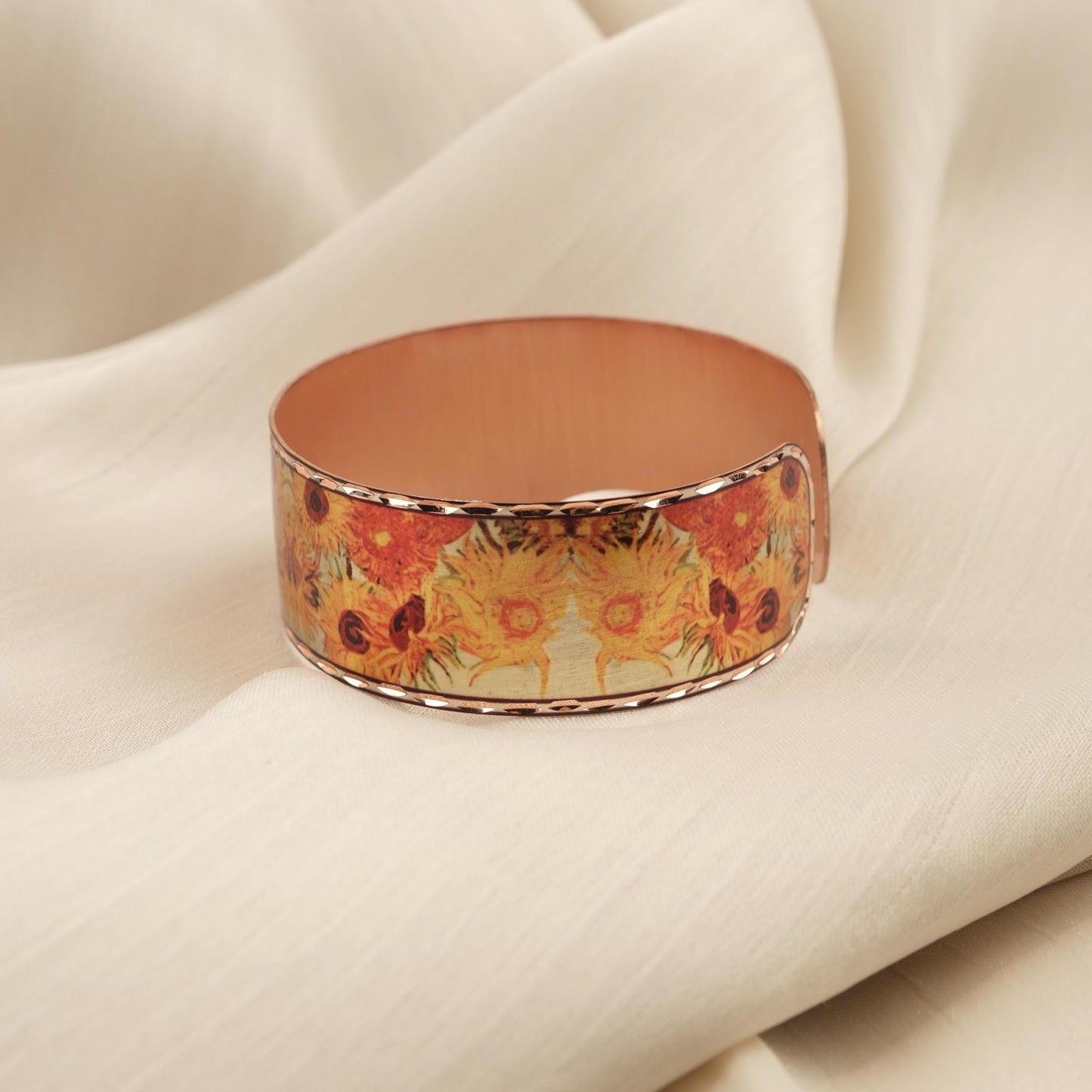 Vincent Van Gogh "Vase with Fifteen Sunflowers" Bracelet in Pure Copper, Handmade Adjustable Bangles | Antique Looking Vintage Style Gift