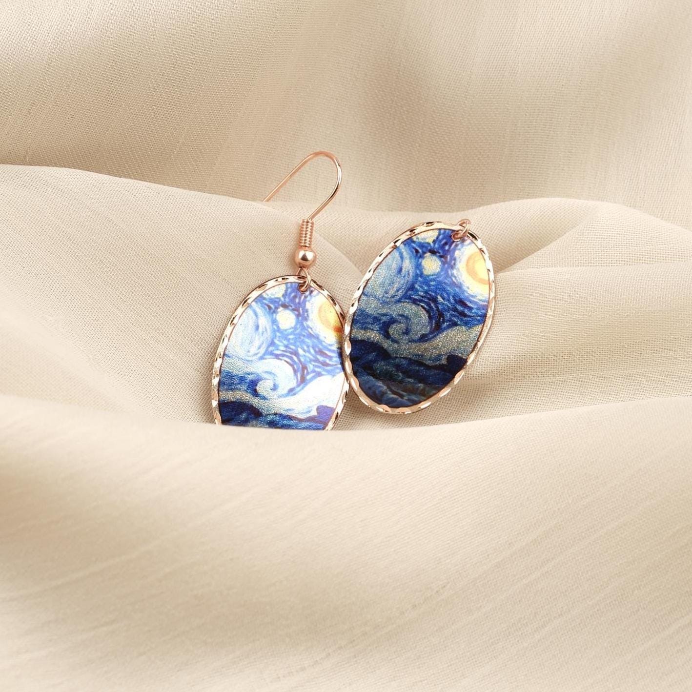 Vincent van Gogh “The Starry Night” Dangle Earrings in Pure Copper, Artistic Design | Handmade Vintage Style, Antique Looking Gift