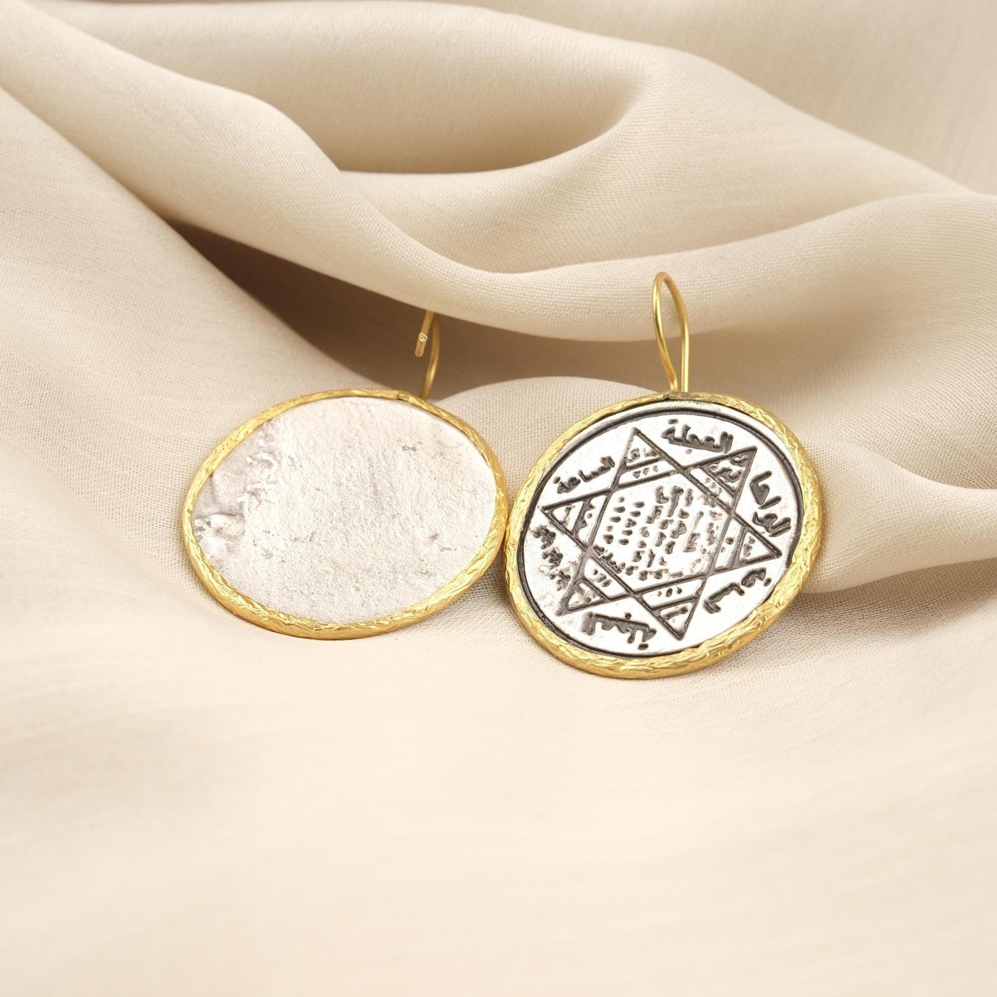 Handmade Solomon Seal Dangle Earrings, Dual Tone Boho Statement Jewelry, Gold Plated Mystical Talisman With Ancient Inscription