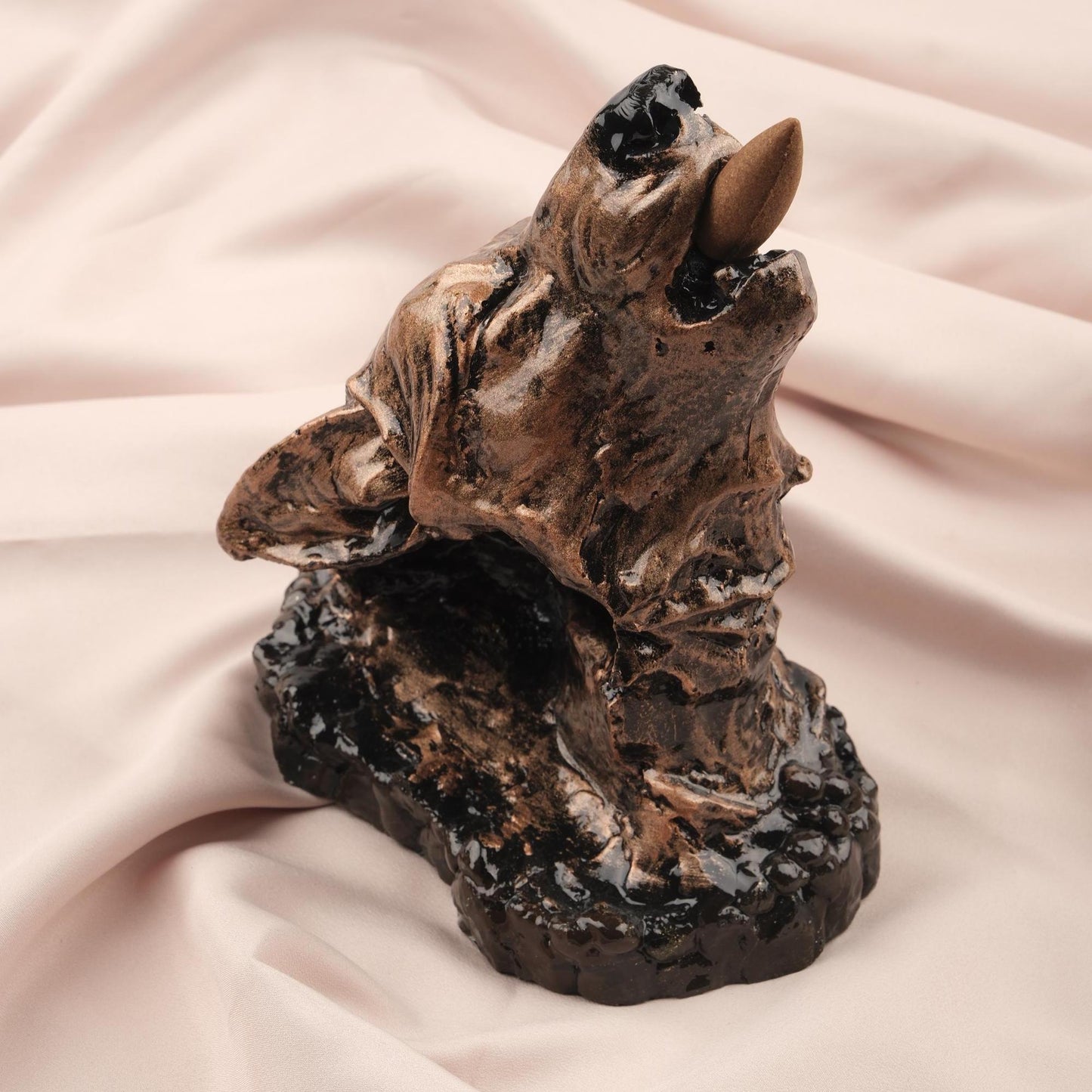 Gold Black Howling Wolf Backflow Incense Holder & Burner in Resin | Unique Ash Catcher for Meditation Lovers, Authentic Yoga Accessories